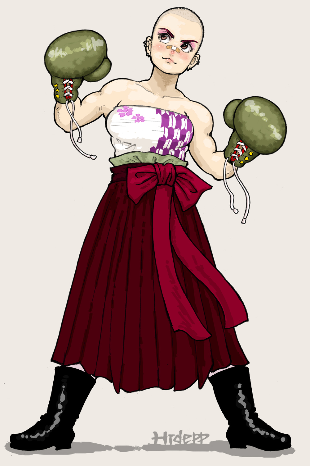 original, commentary request, highres, 1girl, artist name, bandaid, bandaid on face, bandaid on nose, bare shoulders, black boots, blush, boots, boxer, boxing gloves, breasts, brown eyes, buzz cut, closed mouth, collarbone, ear piercing, earrings, eyelashes, eyeshadow, full body, gloves, green gloves, grey background, hakama, hidepp, high heels, japanese clothes, jewelry, legs apart, long skirt, makeup, mismatched eyebrows, muscular, muscular female, piercing, red skirt, shirt, short hair, simple background, skirt, smile, solo, standing, star (symbol), strapless, very short hair, white shirt