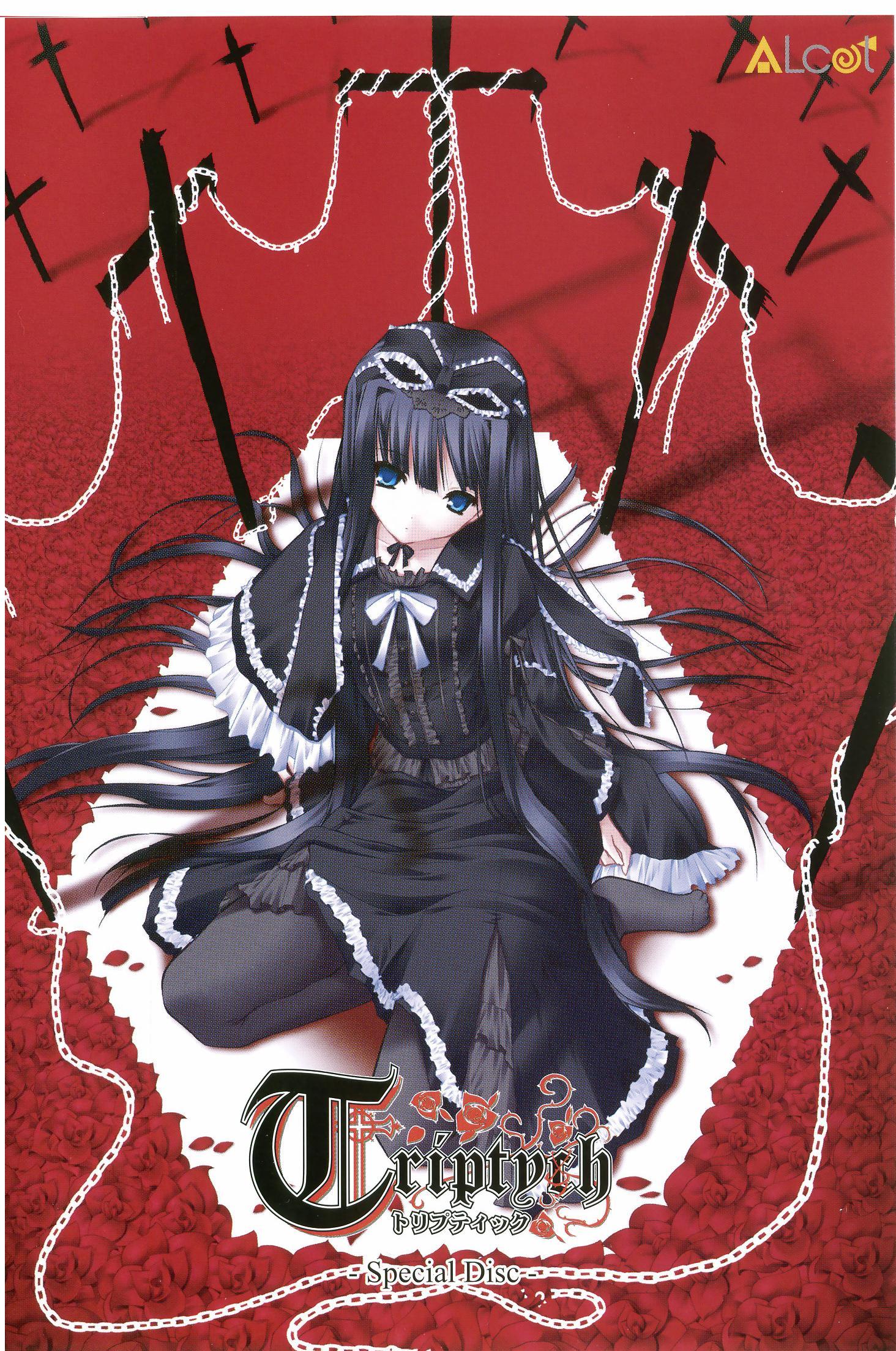 nimura yuuji, maya (triptych), alcot, triptych, highres, 1girl, black hair, blue eyes, dress, female focus, flower, goth fashion, gothic lolita, lolita fashion, long hair, looking at viewer, pantyhose, ribbon, solo, very long hair