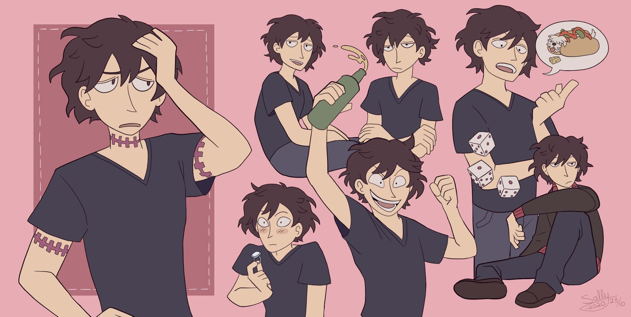 sagutoyas, junpei (kyokugen dasshutsu), kyokugen dasshutsu, zero escape: toki no dilemma, commentary, english commentary, highres, 1boy, arm up, black shirt, black shoes, blush, brown eyes, brown hair, cheese, closed mouth, dated, dice, dog, food, gab (kyokugen dasshutsu), grey pants, hand on own head, holding, holding jewelry, holding ring, hot dog bun, jewelry, ketchup, male focus, multiple views, open mouth, pants, pink background, ring, shirt, shoes, short sleeves, signature, simple background, smile, stitched arm, stitched neck, stitches, t-shirt, teeth, upper teeth only, v-neck