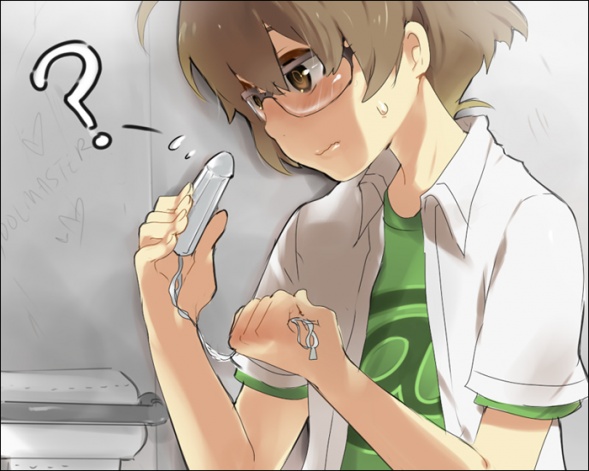 akizuki ryo, idolmaster, idolmaster dearly stars, brown hair, confused, glasses, tampon, trap