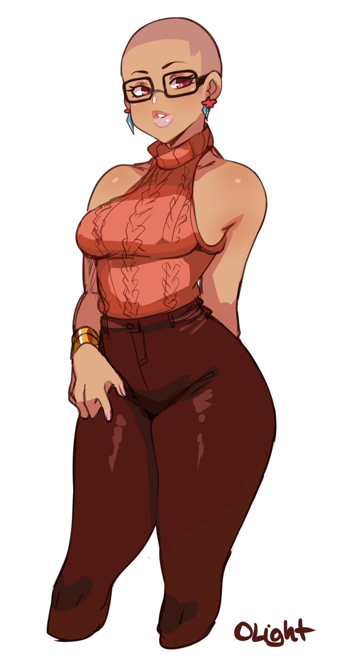 0lightsource, original, commentary, highres, 1girl, arm behind back, bracelet, breasts, brianna (0lightsource), brown-framed eyewear, brown eyes, brown pants, cropped legs, curvy, dark-skinned female, dark skin, earrings, eyelashes, glasses, gold bracelet, jewelry, lips, orange sweater, pants, shaved head, short hair, simple background, sleeveless, sleeveless sweater, sleeveless turtleneck, solo, sweater, thick thighs, thighs, turtleneck, turtleneck sweater, very short hair, white background