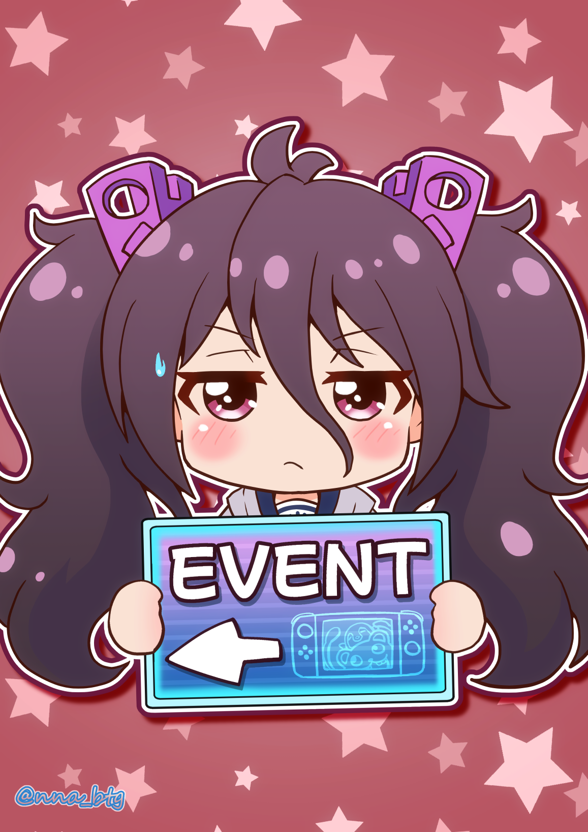 nna btg, tsubuzaki anko, battle girl high school, commentary request, highres, 1girl, ahoge, blush, brown hair, chibi, chibi only, closed mouth, clothes hanger, english text, frown, hair between eyes, holding, holding sign, looking at viewer, outline, pink eyes, sign, solo, star (symbol), sweatdrop, twintails, white outline