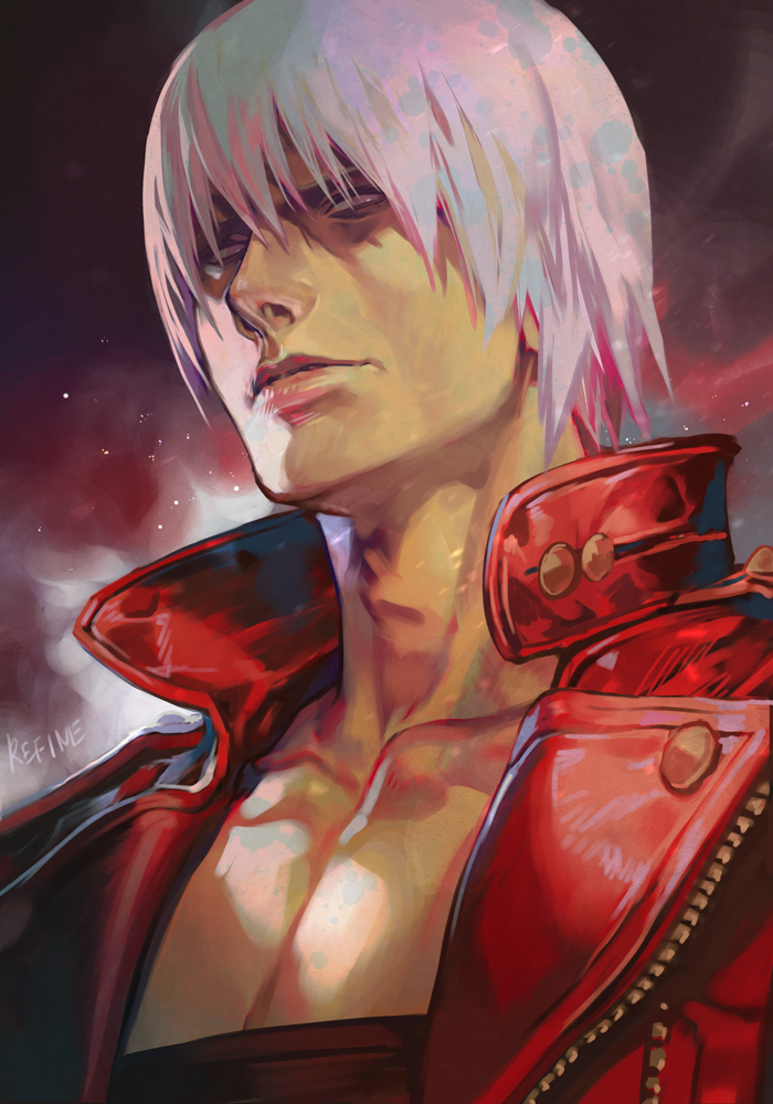 hungry clicker, dante (devil may cry), devil may cry, devil may cry (series), devil may cry 3, redrawn, 1boy, closed mouth, grey eyes, jacket, light frown, looking at viewer, male focus, no shirt, popped collar, portrait, red background, red jacket, short hair, solo, white hair