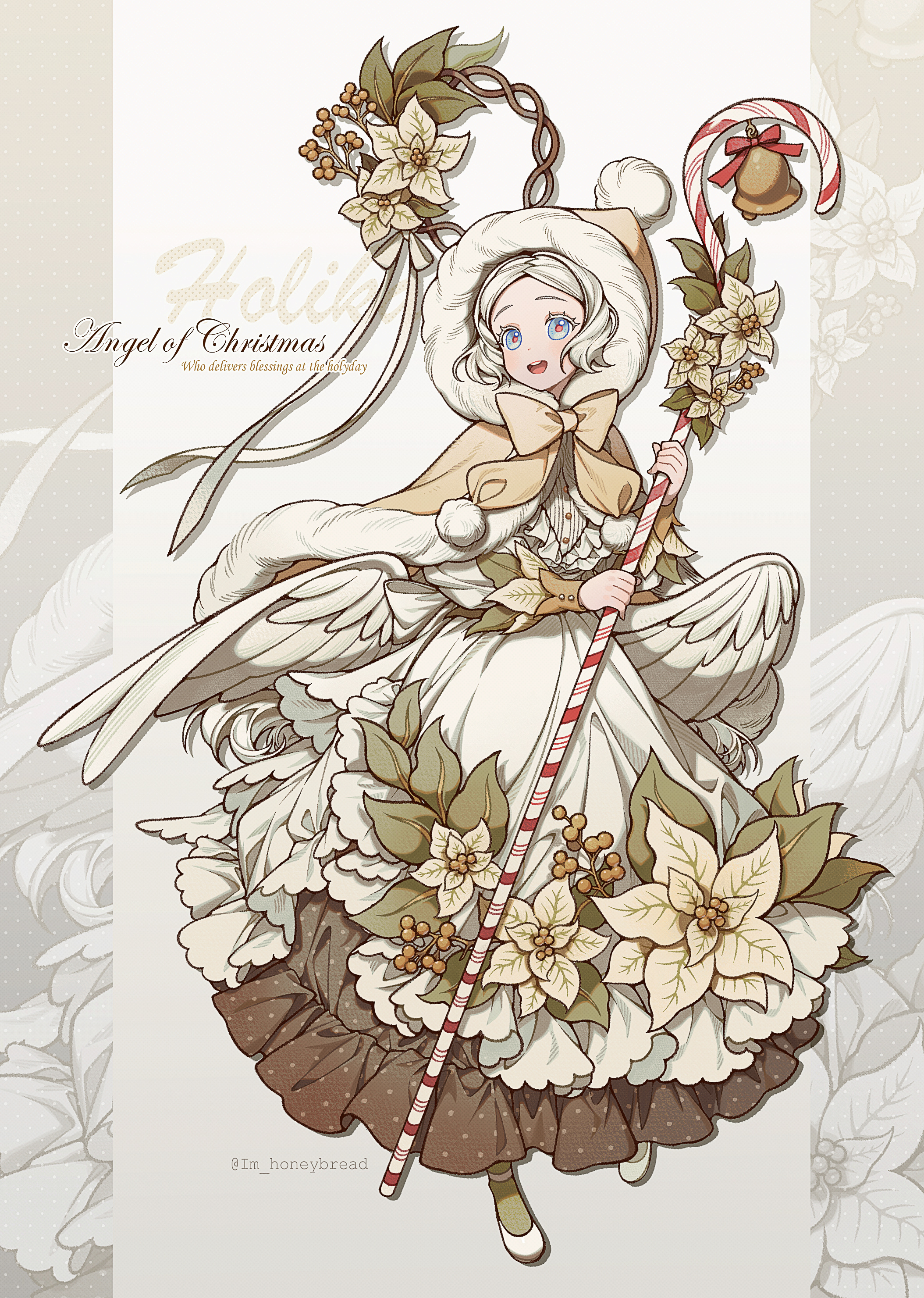 im honeybread, original, absurdres, commentary, highres, 1girl, :d, bell, blue eyes, candy, candy cane, capelet, dress, drop shadow, feathered wings, flower, food, full body, fur-trimmed capelet, fur trim, green socks, holding, holding candy, holding candy cane, holding food, hood, hood up, hooded capelet, leaf, open mouth, shoes, short hair, smile, socks, solo, standing, twitter username, white background, white dress, white hair, white shoes, white wings, wings, yellow capelet