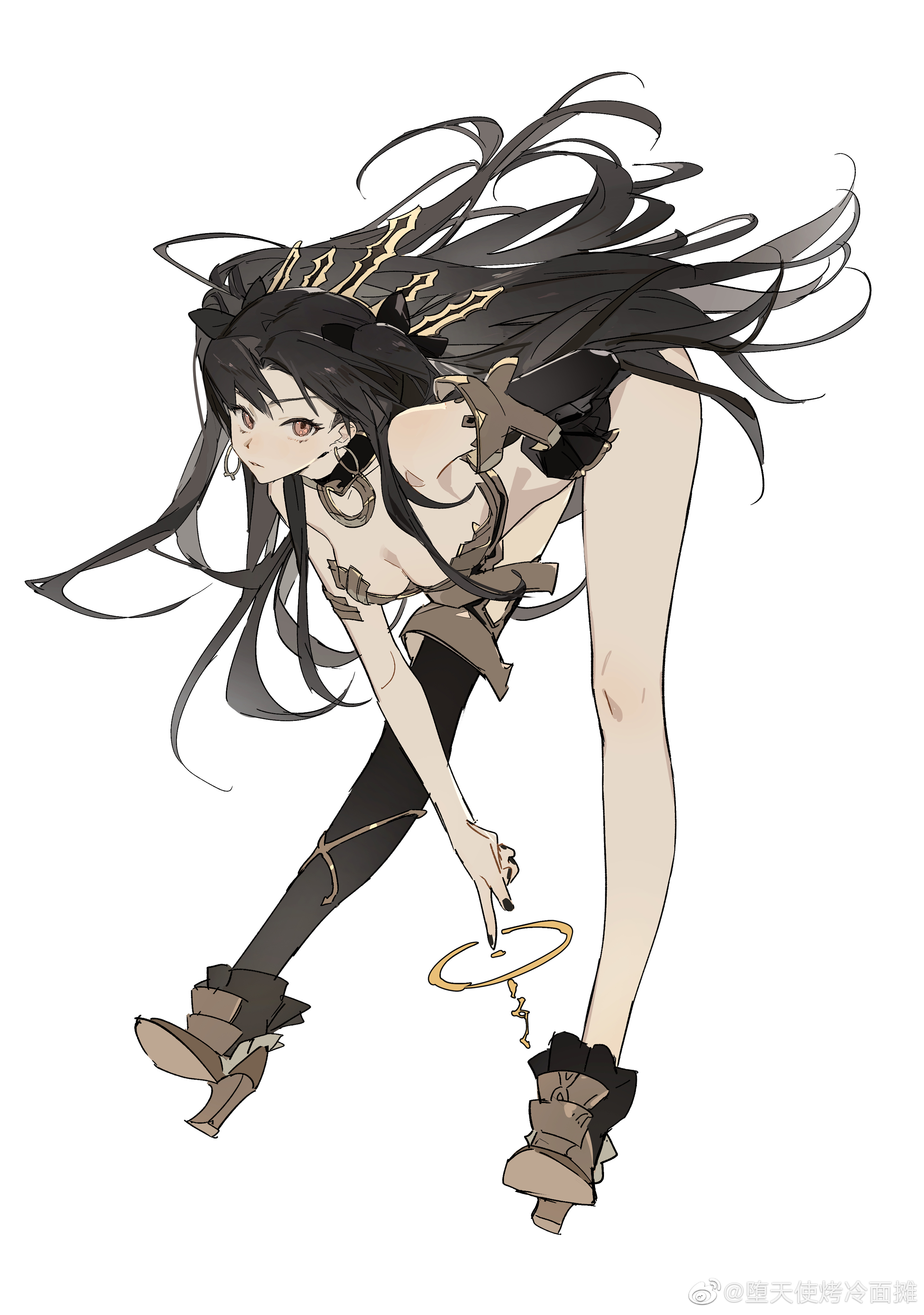 zhibuji loom, ishtar (fate), fate/grand order, fate (series), gold armlet, absurdres, highres, 1girl, armlet, artist name, bare arms, bare legs, bare shoulders, bikini, black gloves, black hair, black nails, black panties, black ribbon, black sleeves, black thighhighs, black tiara, blunt bangs, bow (weapon), bra, breasts, cleavage, closed mouth, curtained hair, earrings, elbow gloves, floating hair, full body, gloves, gold earrings, gold thighlet, gold tiara, gold trim, hair ribbon, hand on own hip, high heels, hoop earrings, jewelry, leaning forward, long hair, looking at viewer, medium breasts, mismatched bikini, nail polish, navel, neck ring, nose, pale skin, panties, parted bangs, pointing, pointing down, raised eyebrows, red eyes, revealing clothes, ribbon, simple background, single elbow glove, single sleeve, single thighhigh, smile, solo, stomach, straight hair, swimsuit, thighhighs, thighlet, thighs, tiara, twintails, two-tone tiara, two side up, underwear, very long hair, watermark, weapon, weibo username, weibo watermark, white background, white bra, wide-eyed