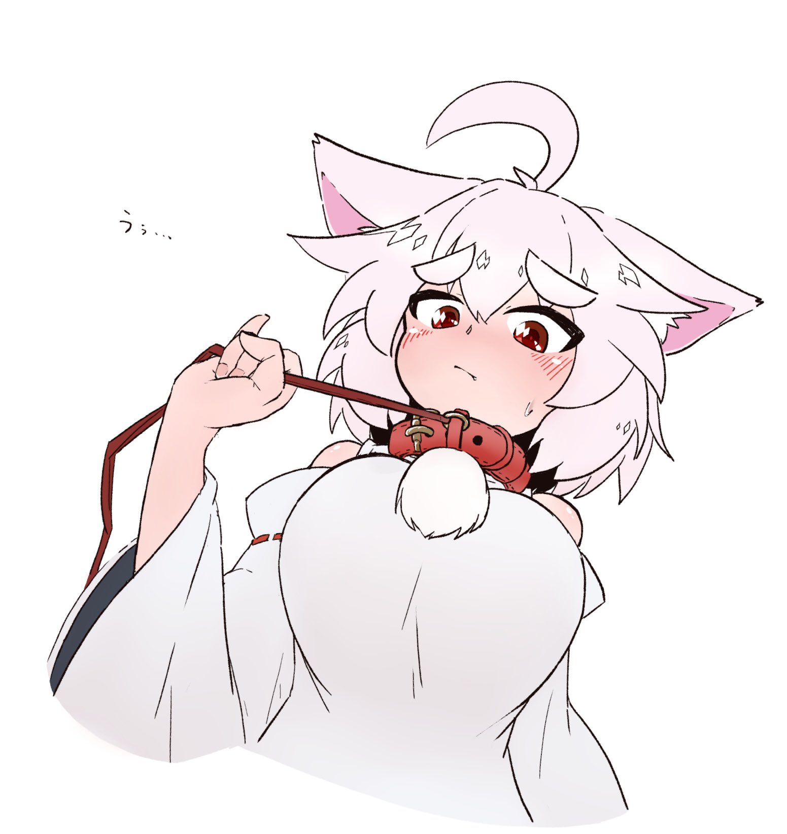 shun s86, inubashiri momiji, touhou, highres, 1girl, ahoge, animal collar, animal ear fluff, animal ears, bare shoulders, blush, breasts, collar, cropped torso, detached sleeves, holding, holding leash, large breasts, leash, looking at viewer, pinky out, red collar, red eyes, red leash, shirt, short hair, simple background, sleeveless, sleeveless shirt, solo, turtleneck, turtleneck shirt, white background, white hair, white shirt, wolf ears, wolf girl