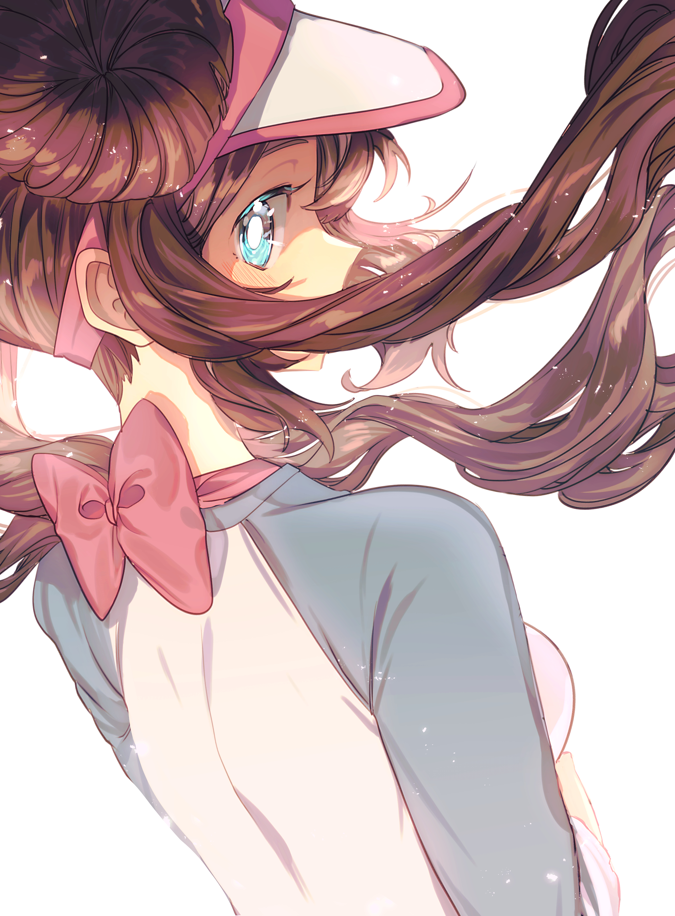 godouyu (neisukun), rosa (pokemon), nintendo, pokemon, pokemon bw2, absurdres, highres, 1girl, blue eyes, blush, bow, brown hair, double bun, from behind, hair bun, hat, long hair, looking at viewer, pink bow, raglan sleeves, shirt, solo, twintails, upper body, visor cap, white background