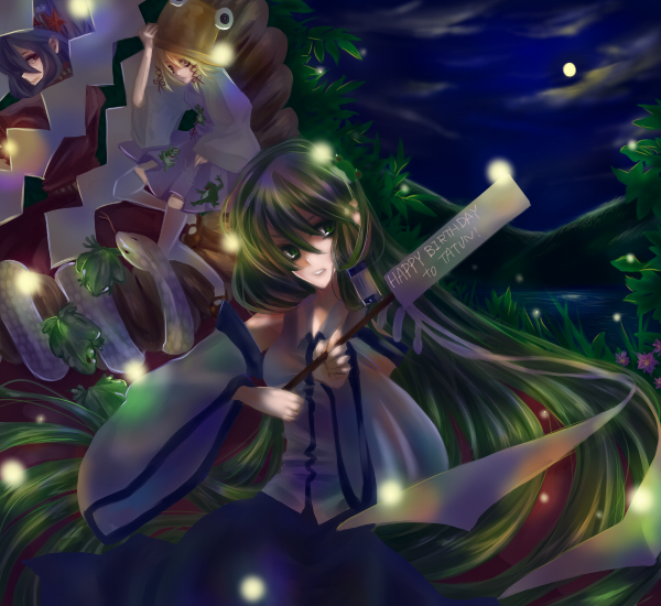 aria (harahachibunme), aria (opera), kochiya sanae, moriya suwako, yasaka kanako, touhou, bad id, bad pixiv id, 3girls, blonde hair, detached sleeves, female focus, frog, green eyes, green hair, hair ornament, hat, long hair, multiple girls, purple hair, red eyes, rope, short hair, snake, thighhighs, yellow eyes