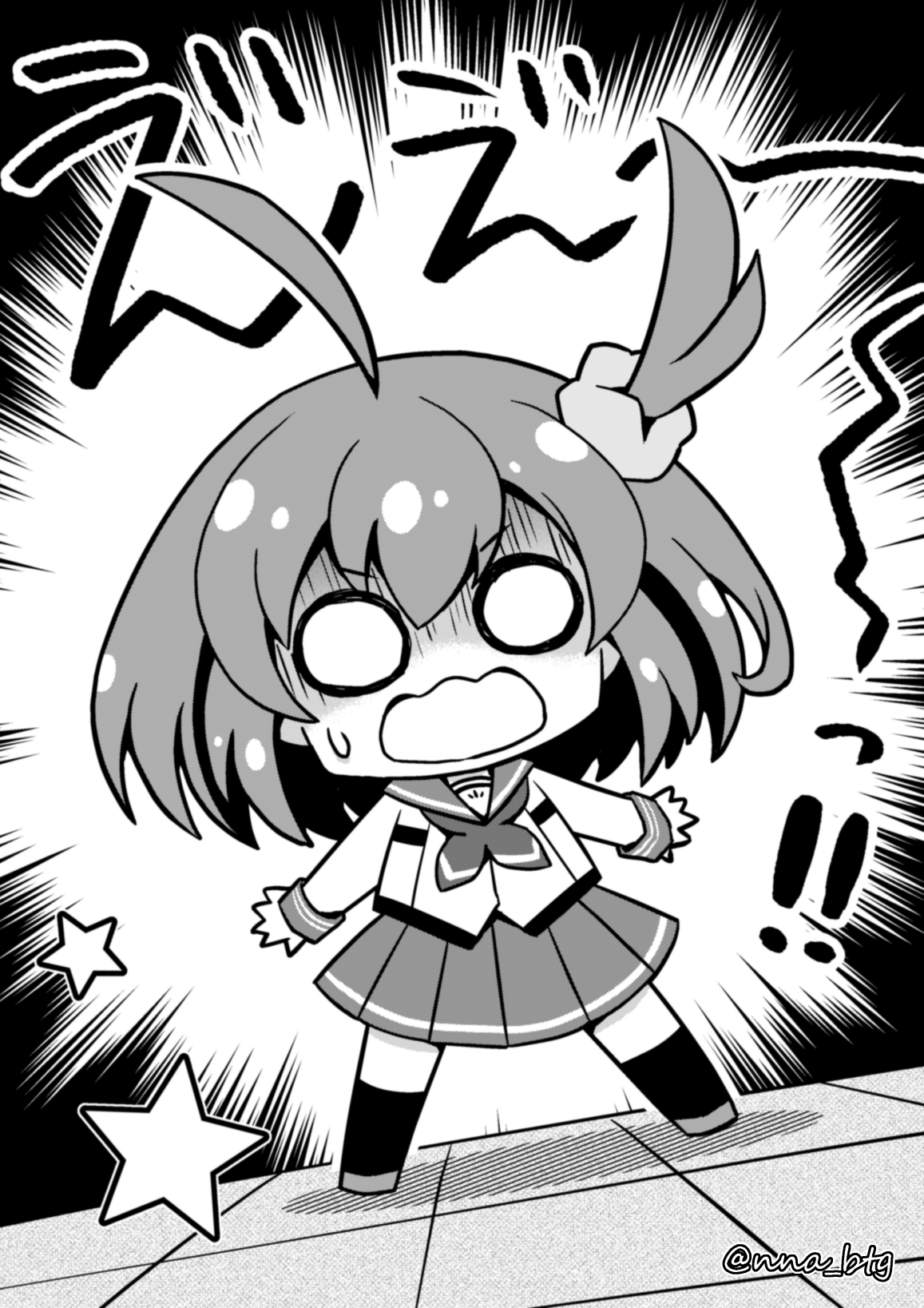 nna btg, hoshitsuki miki, battle girl high school, commentary request, highres, 1girl, ahoge, blank eyes, chibi, chibi only, emphasis lines, greyscale, hair ornament, hair scrunchie, long sleeves, monochrome, neckerchief, one side up, open mouth, pleated skirt, scared, scrunchie, shaded face, shoes, skirt, socks, solo, twitter username