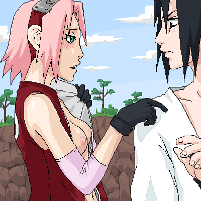anna kokoro (anko), haruno sakura, uchiha sasuke, naruto, lowres, blush, breasts, forehead protector, nipples, paint