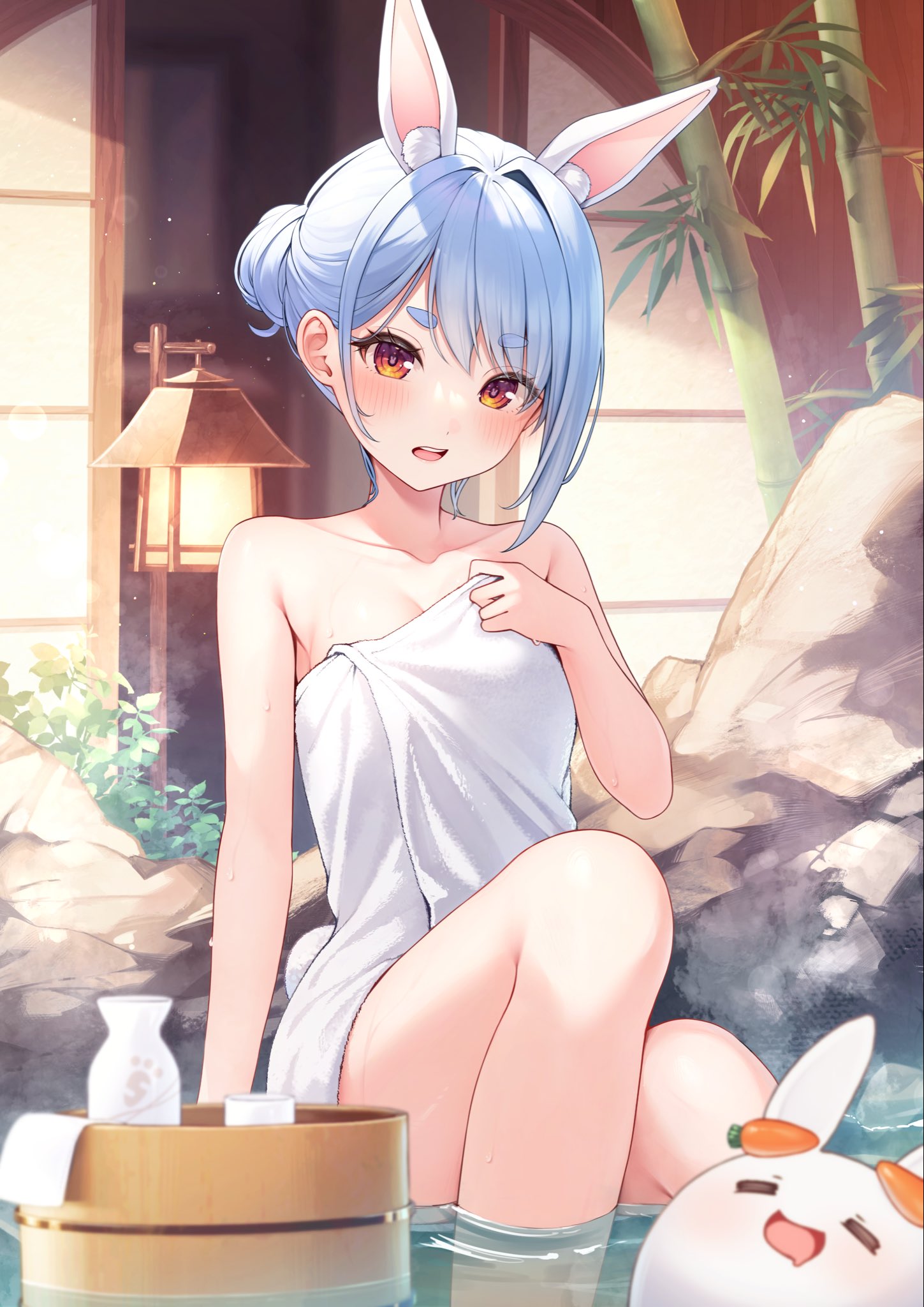 tyabesu, pekomon (usada pekora), usada pekora, hololive, commentary request, highres, 1girl, animal ear fluff, animal ears, bamboo, bare shoulders, bathing, blue hair, blush, breasts, bucket, cleavage, extra ears, hair bun, hikimayu, looking at viewer, naked towel, onsen, open mouth, rabbit-shaped pupils, rabbit ears, rabbit girl, rabbit tail, red eyes, short eyebrows, short hair, single hair bun, sitting, small breasts, solo, symbol-shaped pupils, tail, teeth, thick eyebrows, towel, upper teeth only, virtual youtuber, water, wooden bucket