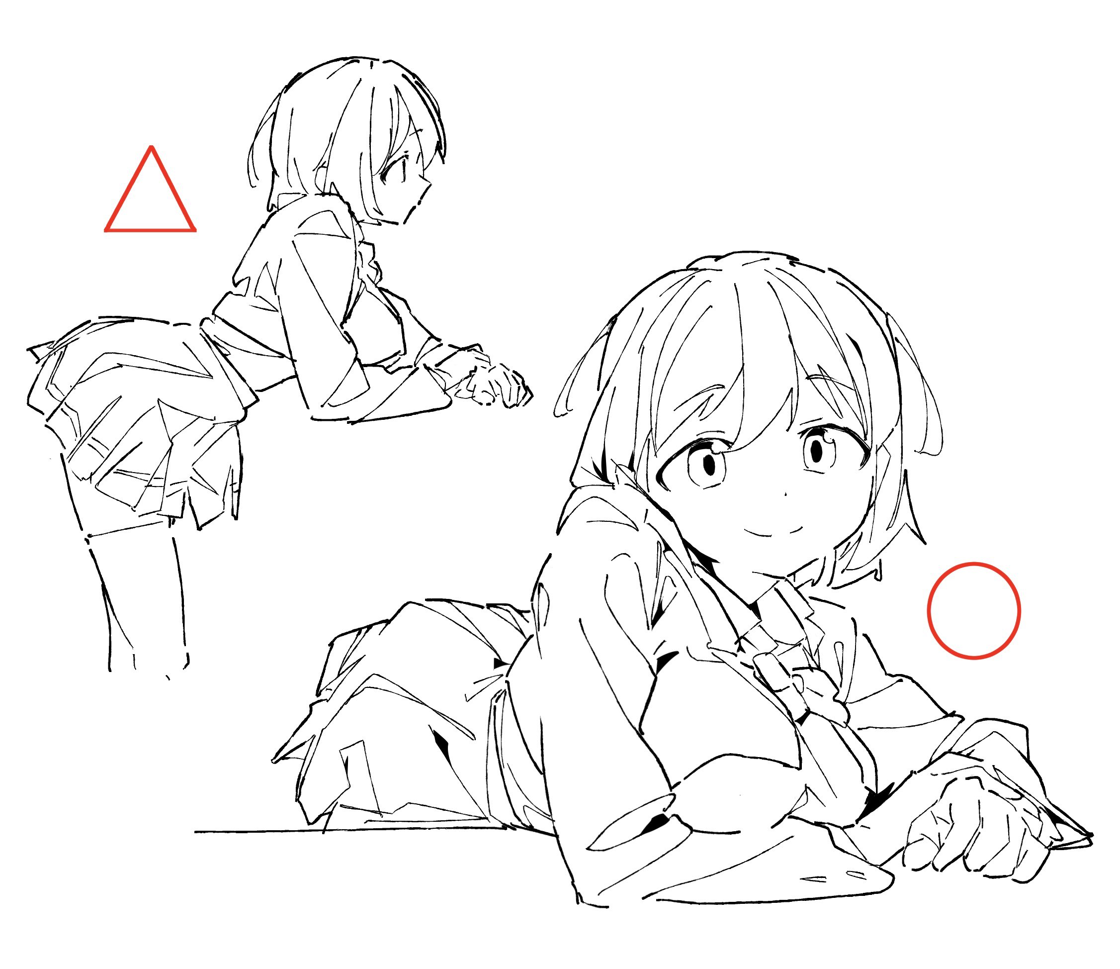 oekakiism, original, graphite (medium), highres, traditional media, 1girl, bow, bowtie, breasts, closed mouth, from side, how to, knees up, large breasts, light smile, monochrome, shirt, short hair, sketch, skirt, smile, thighhighs, white shirt