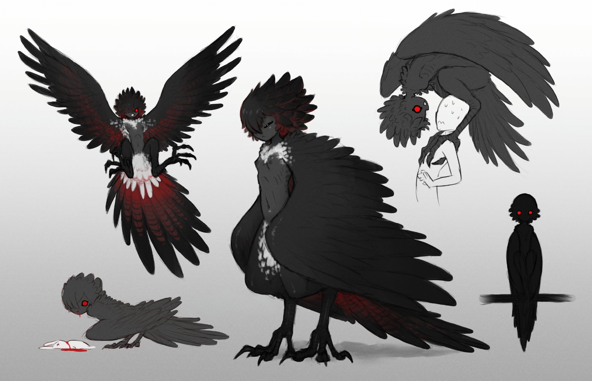 krocodilian, original, commentary, highres, 1girl, 1other, animal, bird legs, bird tail, black feathers, black hair, black skin, black wings, blood, breasts, colored skin, feather hair, feathers, grey background, hair over one eye, harpy, monster girl, multicolored hair, multiple views, navel, nipples, nude, rabbit, red eyes, red hair, short hair, small breasts, standing on another's shoulders, tail, talons, two-tone hair, wings
