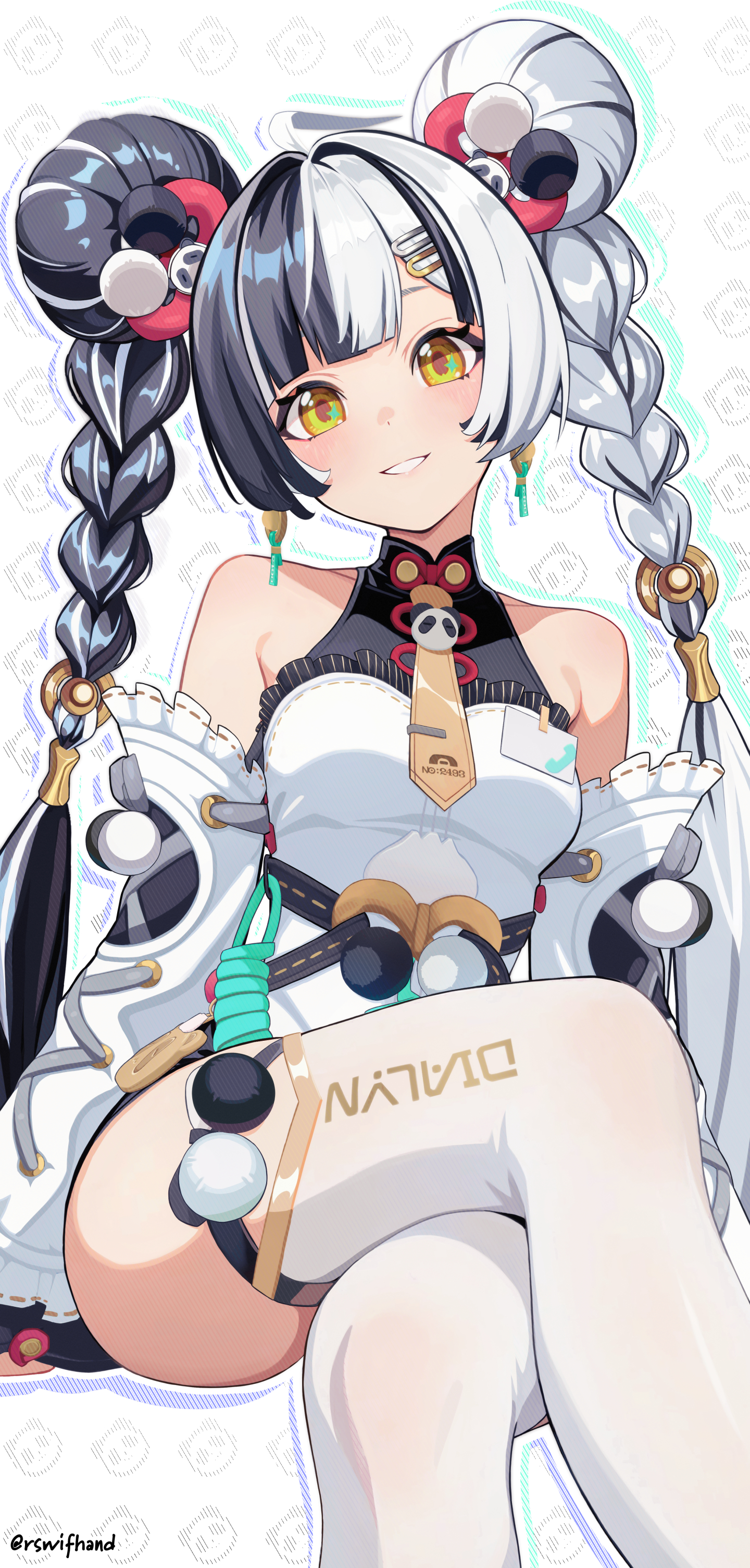 rswifhand, dialyn (zenless zone zero), zenless zone zero, absurdres, commentary, english commentary, highres, 1girl, ahoge, animal background, arms at sides, bare shoulders, black hair, blunt bangs, blush, braid, breasts, clothes writing, cross-laced clothes, cross-laced sleeves, crossed legs, detached sleeves, double bun, dress, earrings, feet out of frame, frilled dress, frilled sleeves, frills, grin, hair bun, hair extensions, hair ornament, hairclip, halter dress, halterneck, head tilt, invisible chair, jewelry, long hair, long sleeves, looking at viewer, medium breasts, multicolored hair, necktie, panda hair ornament, parted lips, ring hair extensions, sitting, sleeveless, sleeveless dress, smile, solo, sparkling eyes, split-color hair, thighhighs, twin braids, twintails, twitter username, two-tone hair, very long hair, white background, white dress, white hair, white thighhighs, yellow eyes, yellow necktie