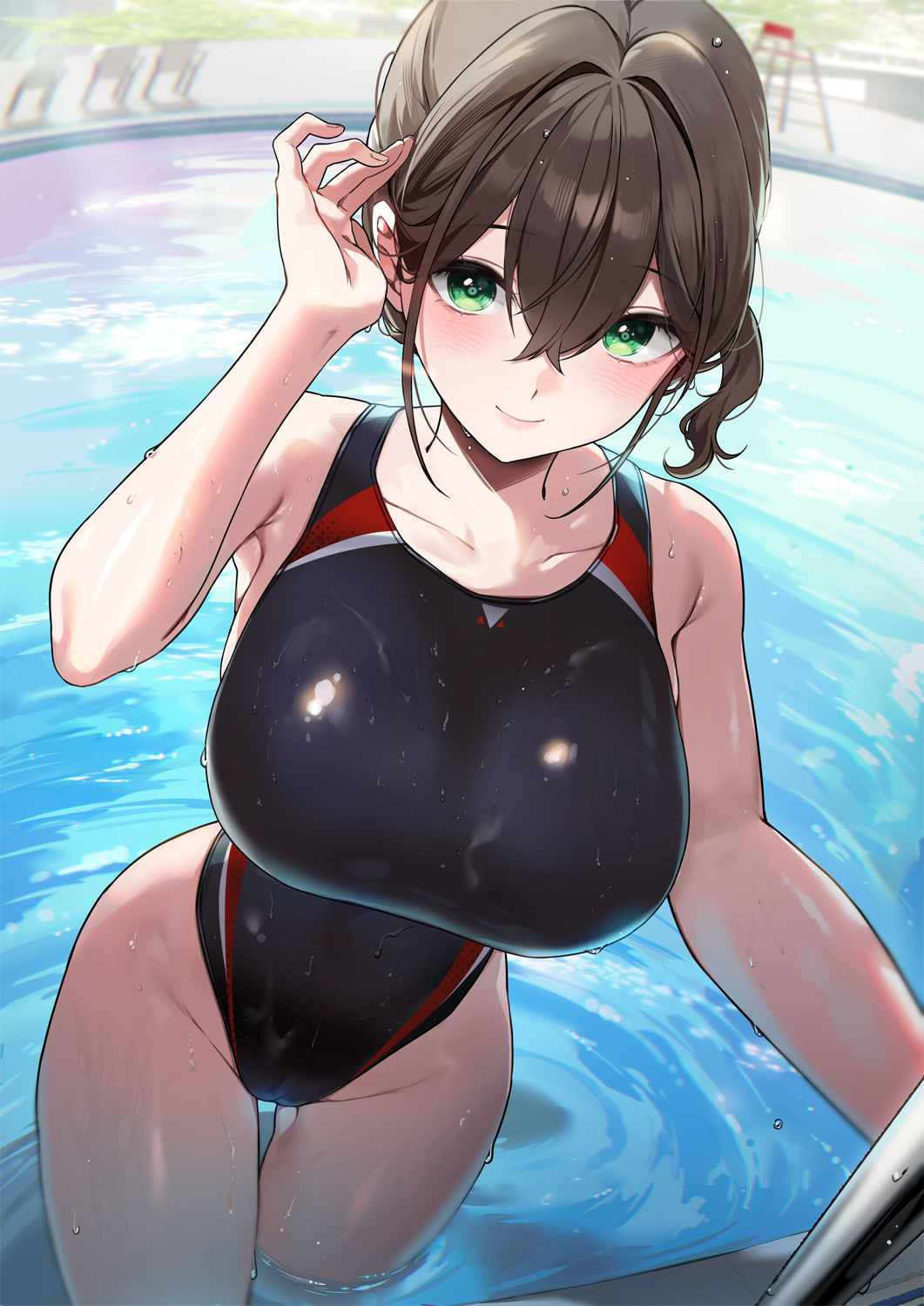 gijang, original, commentary, commission, highres, pixiv commission, 1girl, bare shoulders, black hair, black one-piece swimsuit, blush, breasts, brown hair, closed mouth, green eyes, hair between eyes, highleg, highleg one-piece swimsuit, large breasts, looking at viewer, one-piece swimsuit, outdoors, pool, smile, solo, standing, swimsuit, thighs, wet