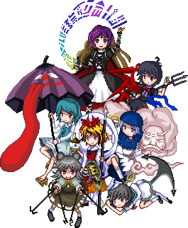 unk (pixiv583270), unk kyouso, hijiri byakuren, houjuu nue, kumoi ichirin, murasa minamitsu, nazrin, tatara kogasa, toramaru shou, unzan, touhou, lowres, 6+girls, anchor, aqua hair, bishamonten's pagoda, blonde hair, blue hair, blush, dress, everyone, grey hair, heterochromia, hood, karakasa obake, multiple girls, pitchfork, pixel art, polearm, purple hair, short hair, skirt, smile, sorcerer's sutra scroll, spear, tongue, transparent background, umbrella, weapon