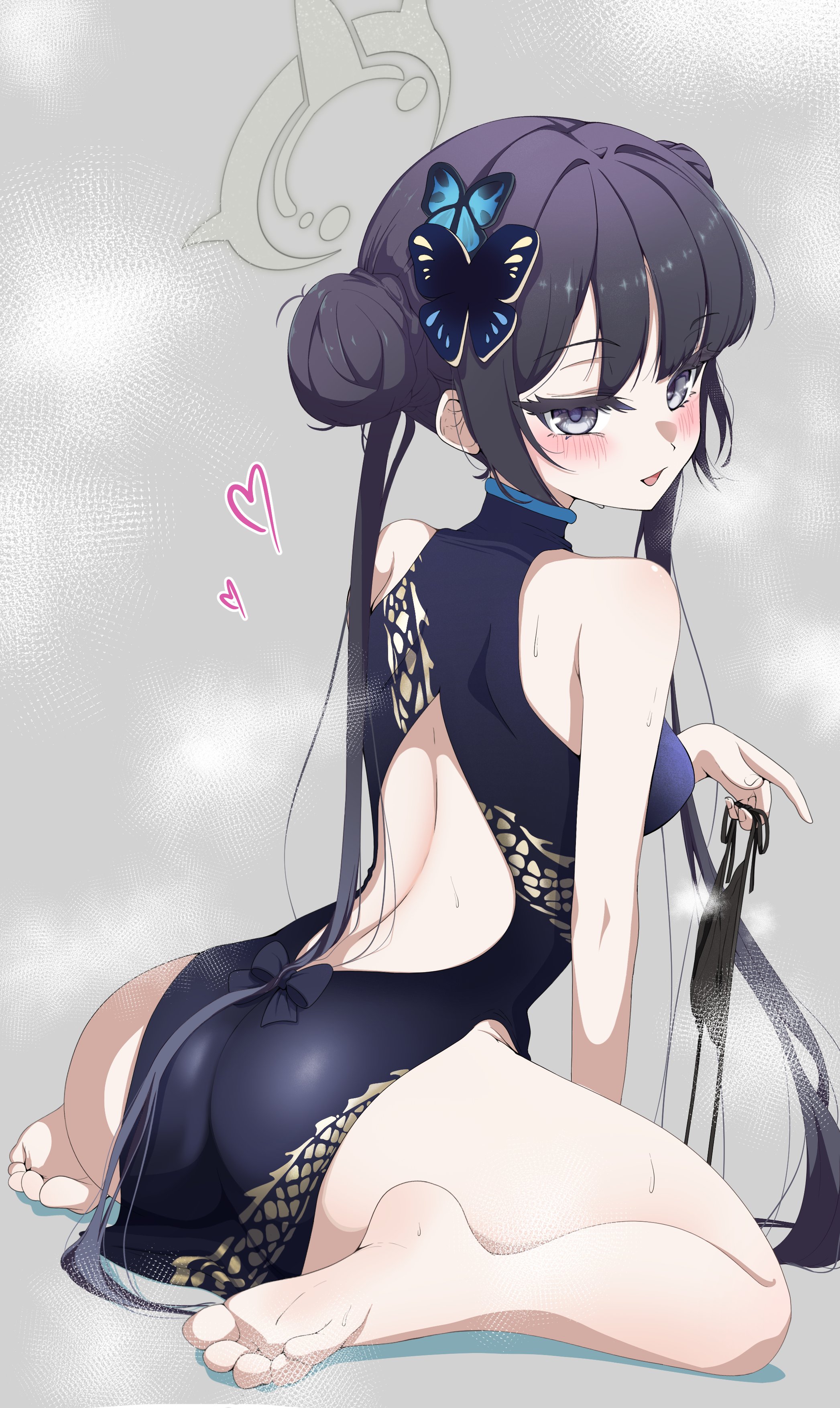 kisaki (blue archive), blue archive, absurdres, highres, 1girl, ass, ass cutout, bare legs, bare shoulders, barefoot, black eyes, black hair, blush, butterfly hair ornament, china dress, chinese clothes, clothing cutout, double bun, dress, facing away, feet, hair bun, hair ornament, halo, holding, holding panties, holding underwear, holding unworn clothes, long hair, looking at viewer, looking back, open mouth, panties, rei hinasuki, sitting, sleeveless, sleeveless dress, solo, steam, thighhighs, toes, underwear