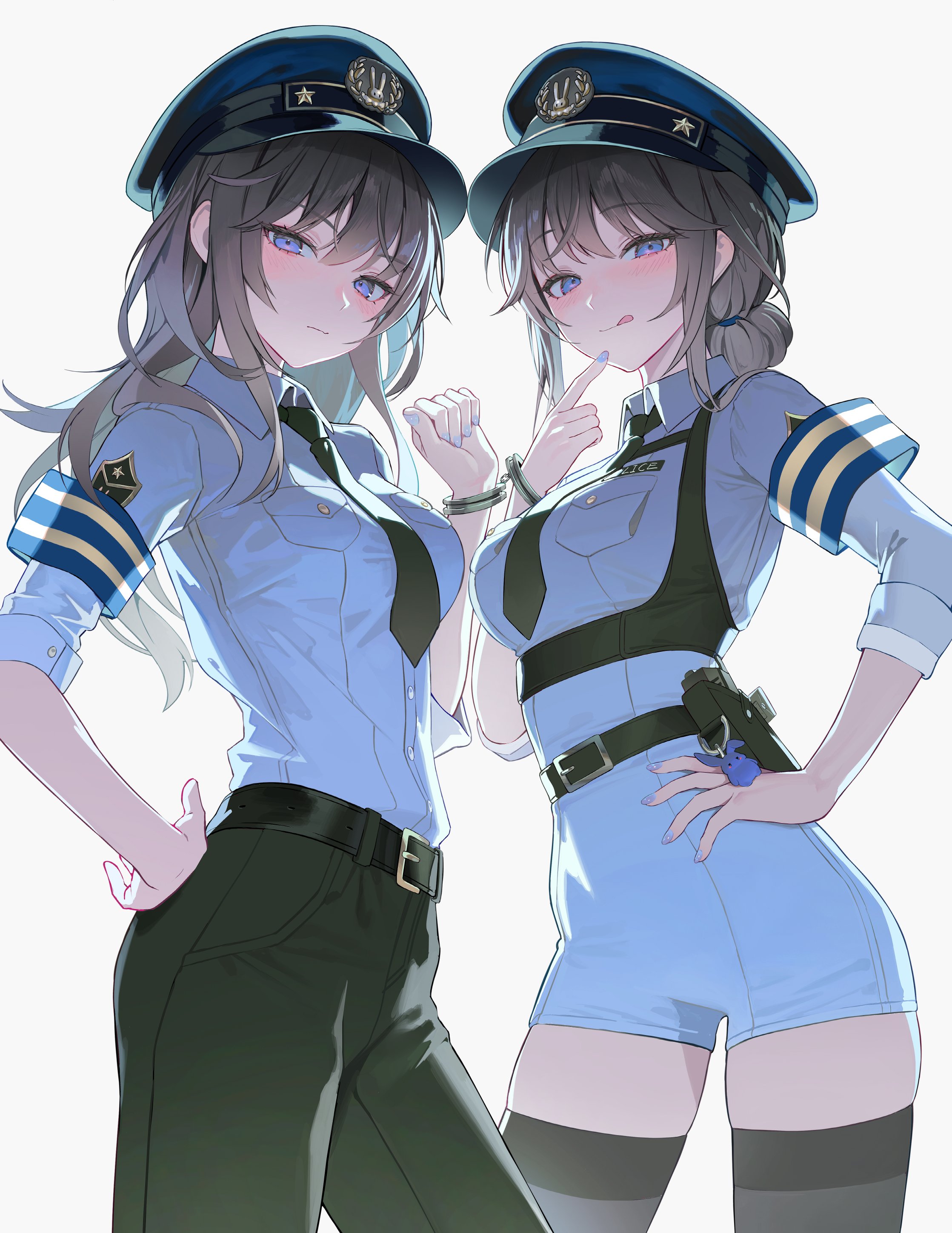 myabit, original, absurdres, highres, 2girls, :q, armband, belt, black necktie, black pants, blue eyes, blue shirt, breast pocket, breasts, brown hair, brown thighhighs, chest harness, closed mouth, collared shirt, cowboy shot, cuffs, hair bun, hand on own hip, handcuffs, harness, hat, long hair, looking at viewer, medium breasts, multiple girls, necktie, pants, pocket, police hat, shirt, shirt tucked in, smile, standing, thighhighs, tongue, tongue out, white shirt