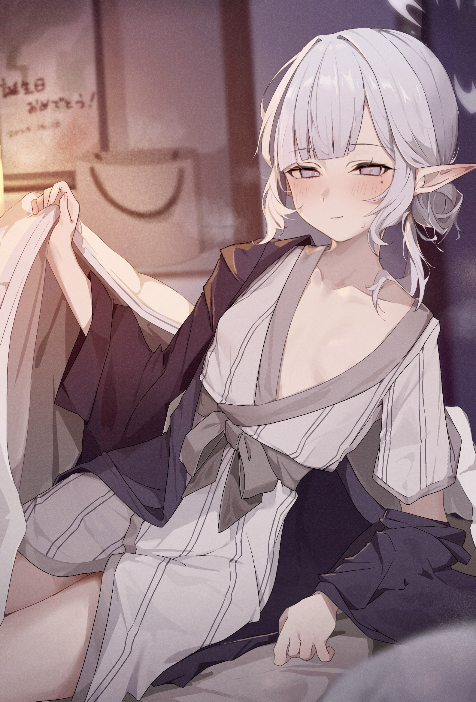 coa (35 seno), himari (blue archive), blue archive, highres, 1girl, alternate costume, alternate hairstyle, black haori, blush, breasts, closed mouth, grey hair, grey sash, hair bun, haori, indoors, japanese clothes, kimono, looking at viewer, mole, mole under eye, pointy ears, purple eyes, short hair, small breasts, solo, sweatdrop, under covers, white kimono