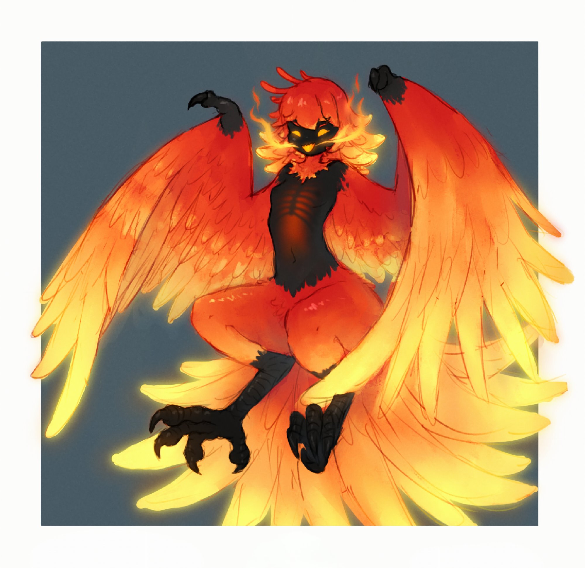 krocodilian, original, commentary, highres, 1girl, bird legs, bird tail, black skin, breasts, breath weapon, breathing fire, claws, colored skin, feathered wings, feathers, fire, glowing, glowing chest, glowing eyes, gradient hair, gradient wings, harpy, long hair, monster girl, multicolored hair, multicolored wings, navel, nipples, nude, open mouth, orange feathers, orange hair, orange wings, red feathers, red hair, ribs, sharp teeth, small breasts, solo, tail, talons, teeth, winged arms, wings