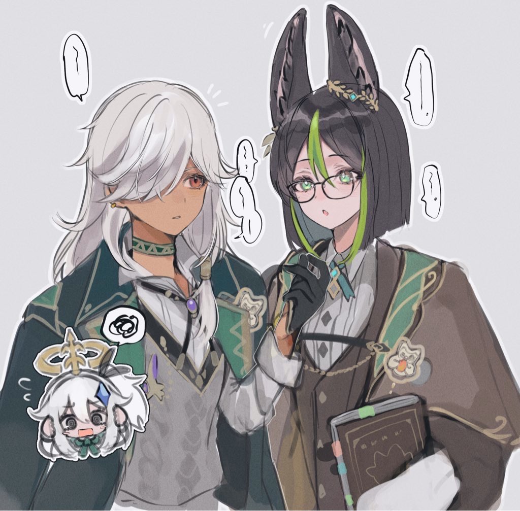 cyno (genshin impact), paimon (genshin impact), tighnari (genshin impact), duolingo, genshin impact, 1girl, 2boys, animal ear fluff, animal ears, black hair, closed mouth, cyno (duolingo) (genshin impact), dark-skinned male, dark skin, fox boy, fox ears, green hair, grey hair, hair between eyes, hair ornament, hair over one eye, halo, holding, long hair, looking at viewer, male focus, multicolored hair, multiple boys, nayul illust, open mouth, paimon (duolingo) (genshin impact), red eyes, tighnari (duolingo) (genshin impact), white hair