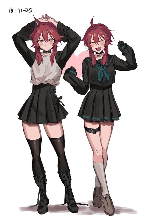 freng, character request, copyright request, 1girl, ahoge, aqua neckerchief, arms up, black boots, black sailor collar, black serafuku, black shirt, black skirt, black thighhighs, blush, boots, closed eyes, closed mouth, dated, dot mouth, eyelashes, fang, full body, grey shoes, hair between eyes, hair ornament, kneehighs, long sleeves, multiple views, neckerchief, open mouth, red eyes, red hair, sailor collar, school uniform, serafuku, shirt, shoes, sidelocks, simple background, skin fang, skirt, sleeves past wrists, smile, socks, thigh strap, thighhighs, white background, white shirt, white socks