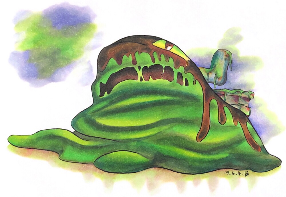 yuya (lightlous), kirby: planet robobot, kirby (series), nintendo, commentary request, traditional media, blob, brown eyes, colored sclera, dated, full body, green sclera, miasmoros, monster, no humans, open mouth, slime (substance), solo