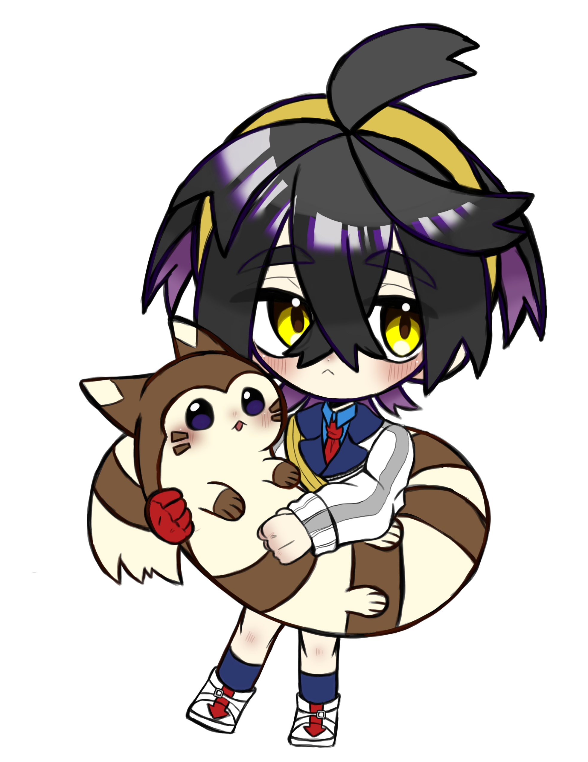 titara 1230, furret, kieran (pokemon), nintendo, pokemon, pokemon sv, absurdres, highres, 1boy, :<, ahoge, black hair, blueberry academy school uniform, chibi, colored inner hair, crossed bangs, gen 2 pokemon, gloves, hair between eyes, hairband, holding, holding pokemon, male focus, multicolored hair, pokemon (creature), purple hair, red gloves, school uniform, single glove, solo, two-tone hair, white background, yellow eyes, yellow hairband