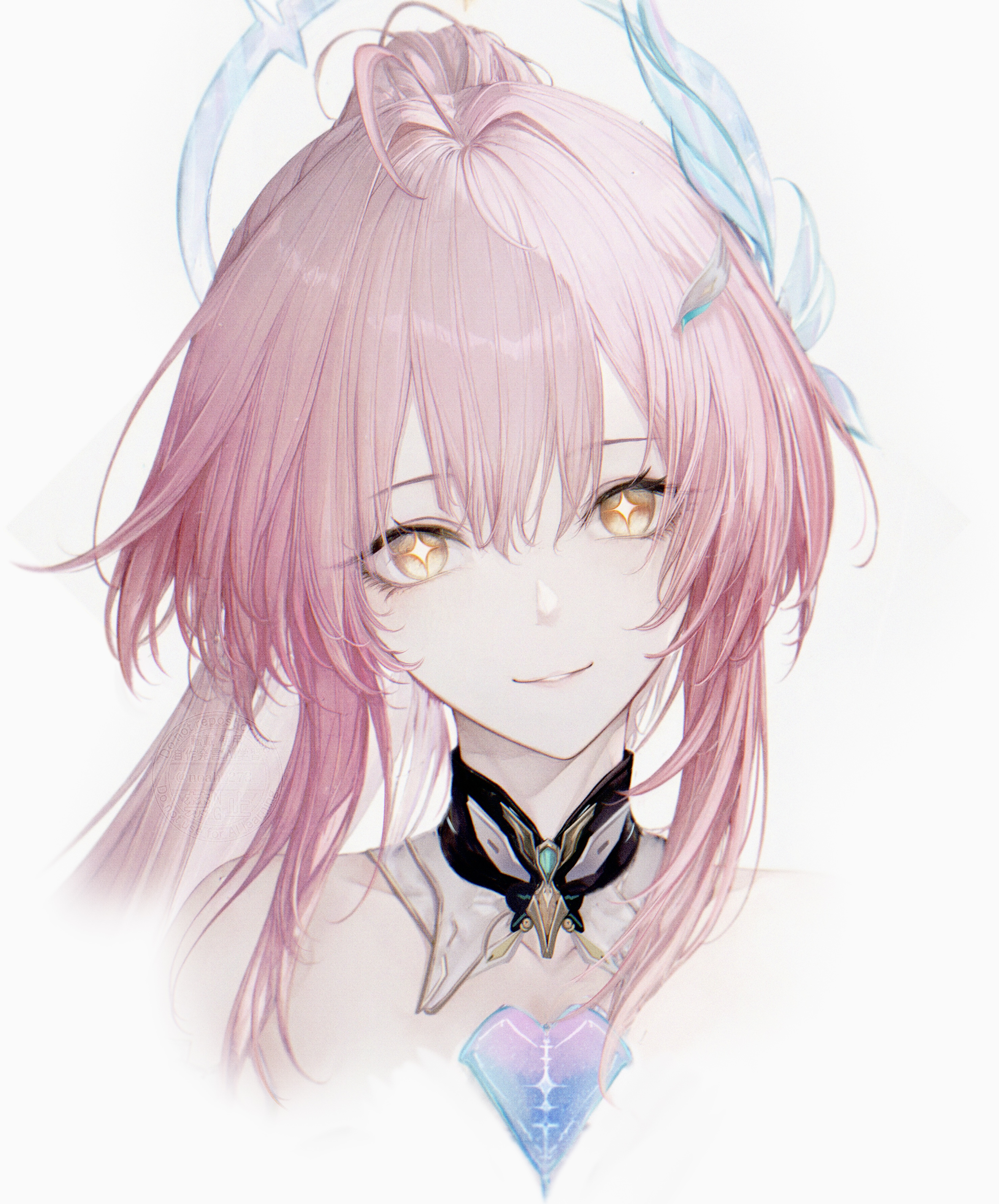 renoahh, wuthering waves, absurdres, commentary, english commentary, highres, 1girl, aemeath (wuthering waves), cropped shoulders, halo, halo behind head, long hair, looking at viewer, parted lips, pink hair, sidelocks, smile, solo, tacet mark (wuthering waves), yellow eyes, yellow pupils