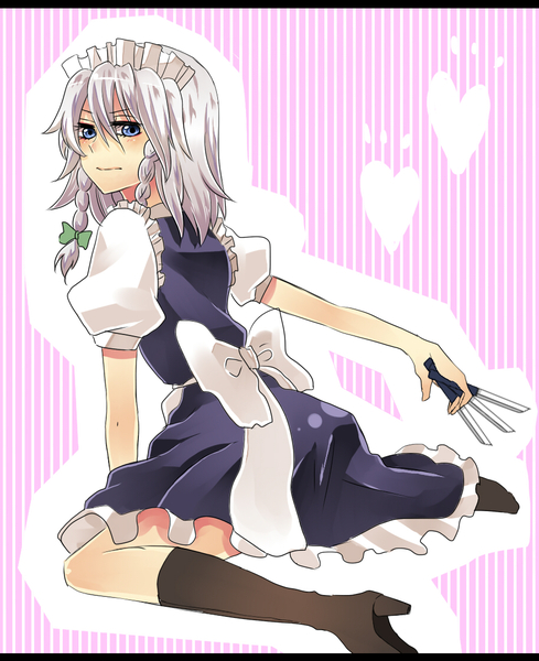 motimoti, izayoi sakuya, touhou, silver hair, 1girl, blue eyes, braid, female focus, maid, ribbon, solo