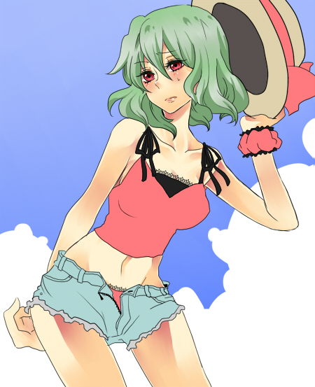 motimoti, kazami yuuka, touhou, 1girl, alternate costume, blush, camisole, contemporary, female focus, green hair, hat, midriff, panties, red eyes, short hair, shorts, solo, sun hat, underwear, unzipped