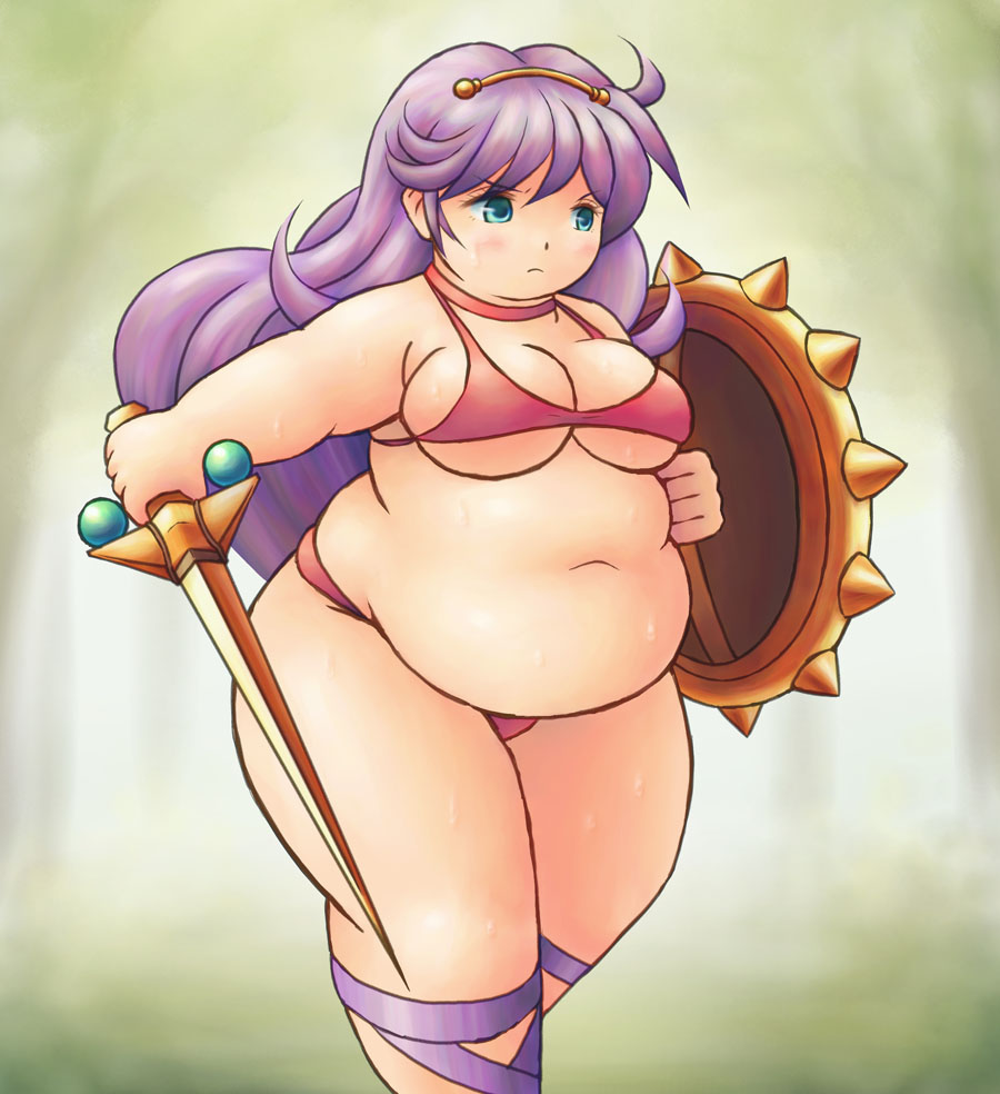 princess athena, athena (series), snk, 1girl, ass, belly, bikini, blue eyes, bra, breasts, fat, fat woman, female focus, huge breasts, lingerie, plump, purple hair, red bikini, sandals, shield, solo, swimsuit, sword, underwear, weapon