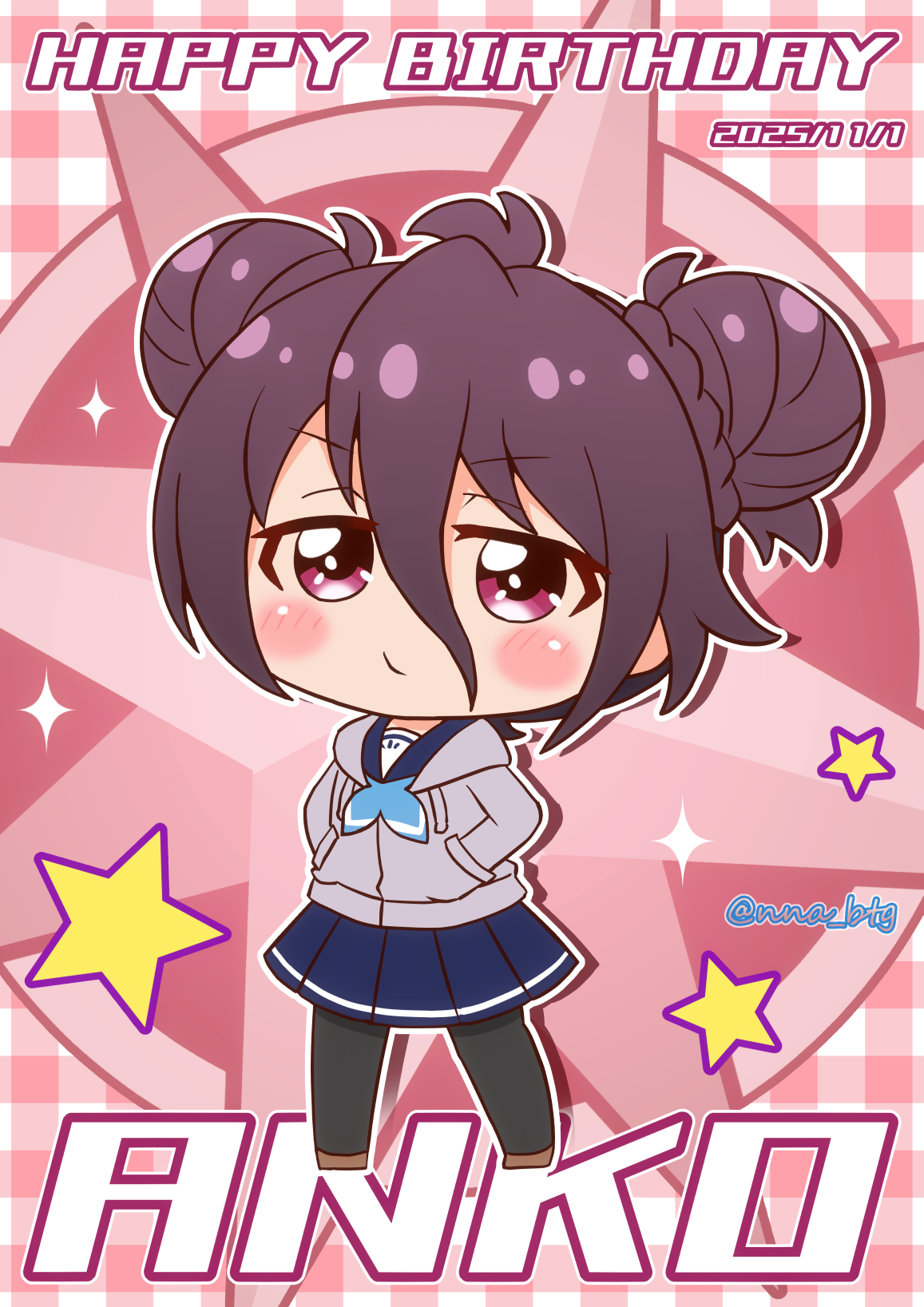 nna btg, tsubuzaki anko, battle girl high school, commentary request, highres, 1girl, black pantyhose, blue skirt, blush, braid, braided bun, brown shoes, character name, chibi, chibi only, double bun, full body, grey jacket, hair between eyes, hair bun, happy birthday, hood, hooded jacket, jacket, looking at viewer, pantyhose, pink background, pink eyes, pleated skirt, school uniform, shoes, skirt, solo, star (symbol)