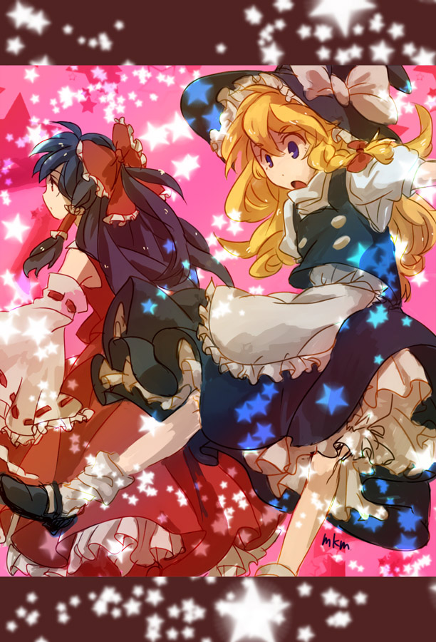 mkm, hakurei reimu, kirisame marisa, touhou, bad id, bad pixiv id, 2girls, black hair, blonde hair, blue eyes, detached sleeves, female focus, hat, japanese clothes, long hair, miko, multiple girls, ribbon, skirt, underwear, witch, witch hat