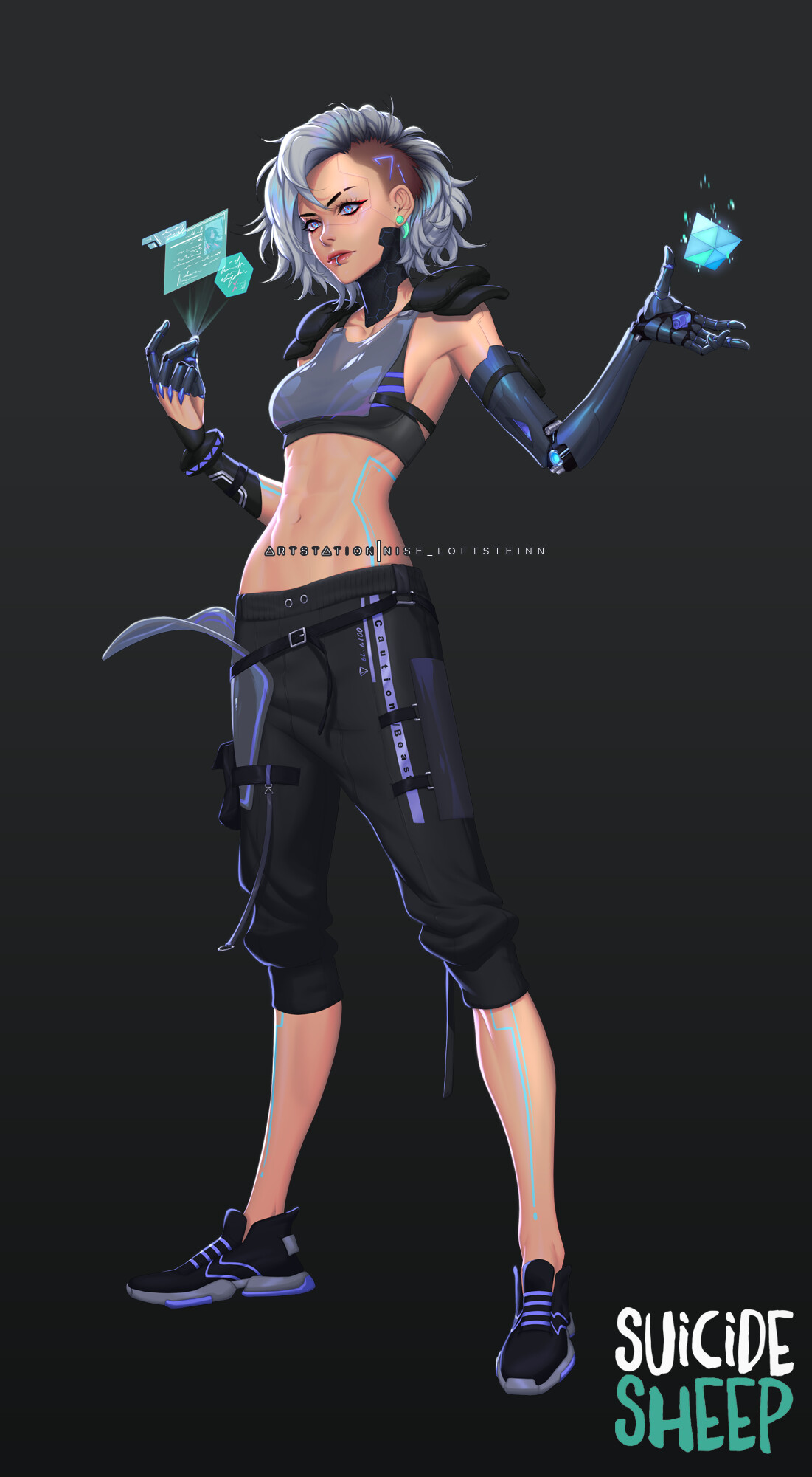 nise loftsteinn, original, commentary, commission, english commentary, highres, 1girl, aqua eyes, asia (nise loftsteinn), asymmetrical hair, belt, black belt, black pants, black shoes, cyberpunk, cyborg, earrings, eyebrow cut, eyelashes, face piercing, full body, grey hair, grey sports bra, hologram, holographic interface, jewelry, lip piercing, lips, mechanical arms, mechanical hands, medium hair, midriff, mismatched eyebrows, navel, pants, piercing, shoes, sidecut, single mechanical arm, single mechanical hand, solo, sports bra, standing, undercut