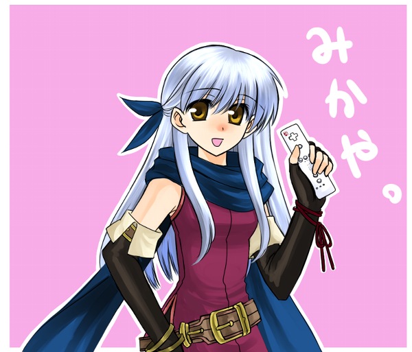 bo (774berry), xvxxv, micaiah (fire emblem), fire emblem, fire emblem: radiant dawn, nintendo, silver hair, 1girl, bare shoulders, blue scarf, bracelet, character name, controller, dress, elbow gloves, female focus, fingerless gloves, game console, game controller, gloves, half updo, holding, jewelry, long hair, open mouth, pink background, ribbon, scarf, side slit, simple background, sleeveless, sleeveless dress, smile, solo, wii, wii remote, yellow eyes