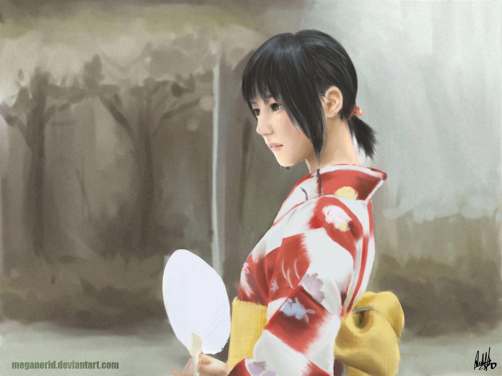 meganerid, original, 1girl, black eyes, black hair, female focus, hair ornament, hand fan, japanese clothes, kimono, profile, realistic, short hair, solo, upper body, watermark