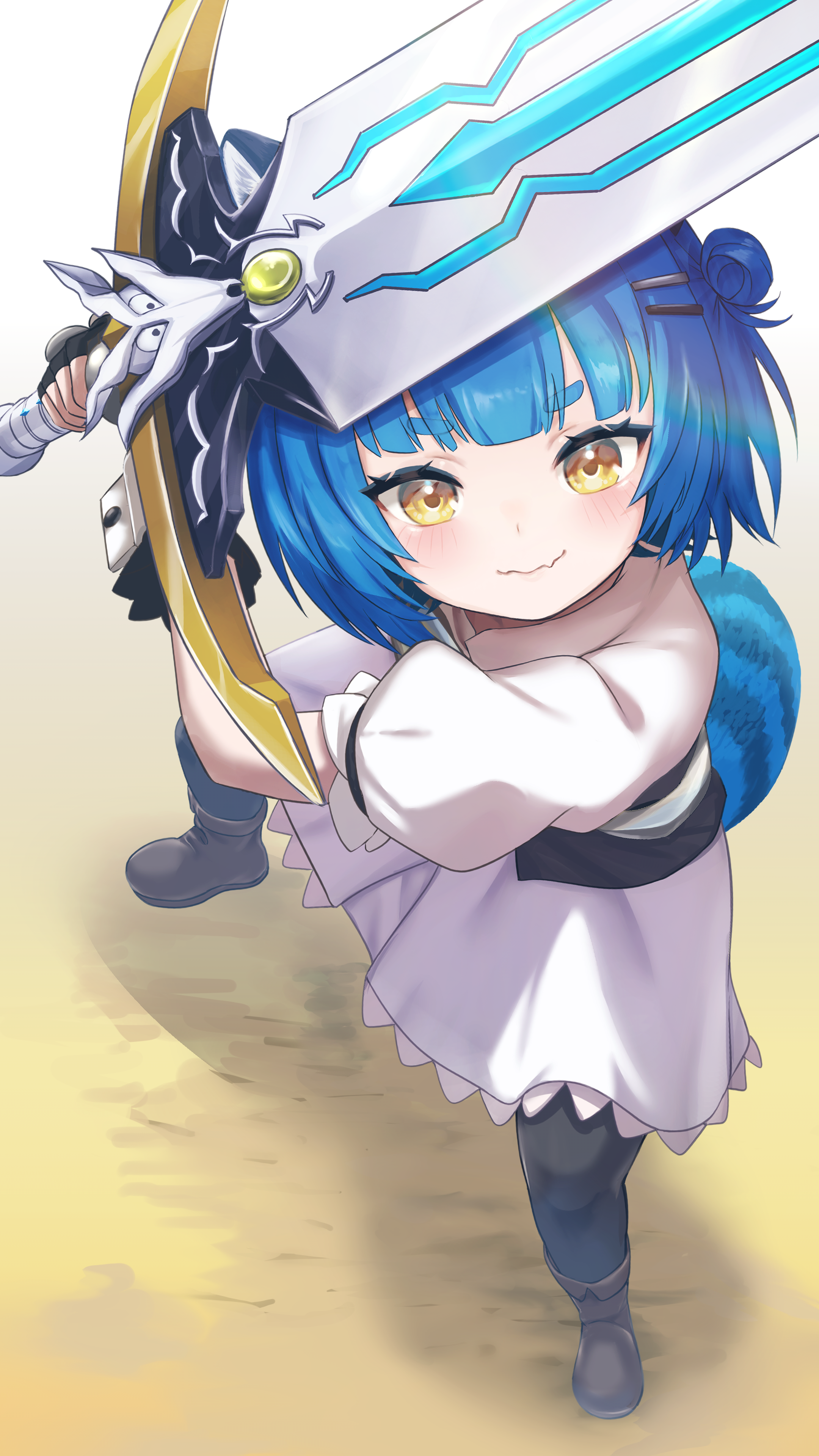 illustsaboko, fran (tensei shitara ken deshita), poko rakun, shishou (tensei shitara ken deshita), chromashift, tensei shitara ken deshita, absurdres, commission, highres, second-party source, 1girl, alternate costume, black gloves, black pantyhose, blue hair, blush, boots, brown boots, closed mouth, cosplay, dress, eyelashes, fang, fingerless gloves, fran (tensei shitara ken deshita) (cosplay), from above, gloves, hair bun, holding, holding sword, holding weapon, huge weapon, long sleeves, pantyhose, raccoon girl, raccoon tail, short hair, single side bun, skin fang, solo, standing, sword, tail, virtual youtuber, wavy mouth, weapon, white dress, yellow eyes