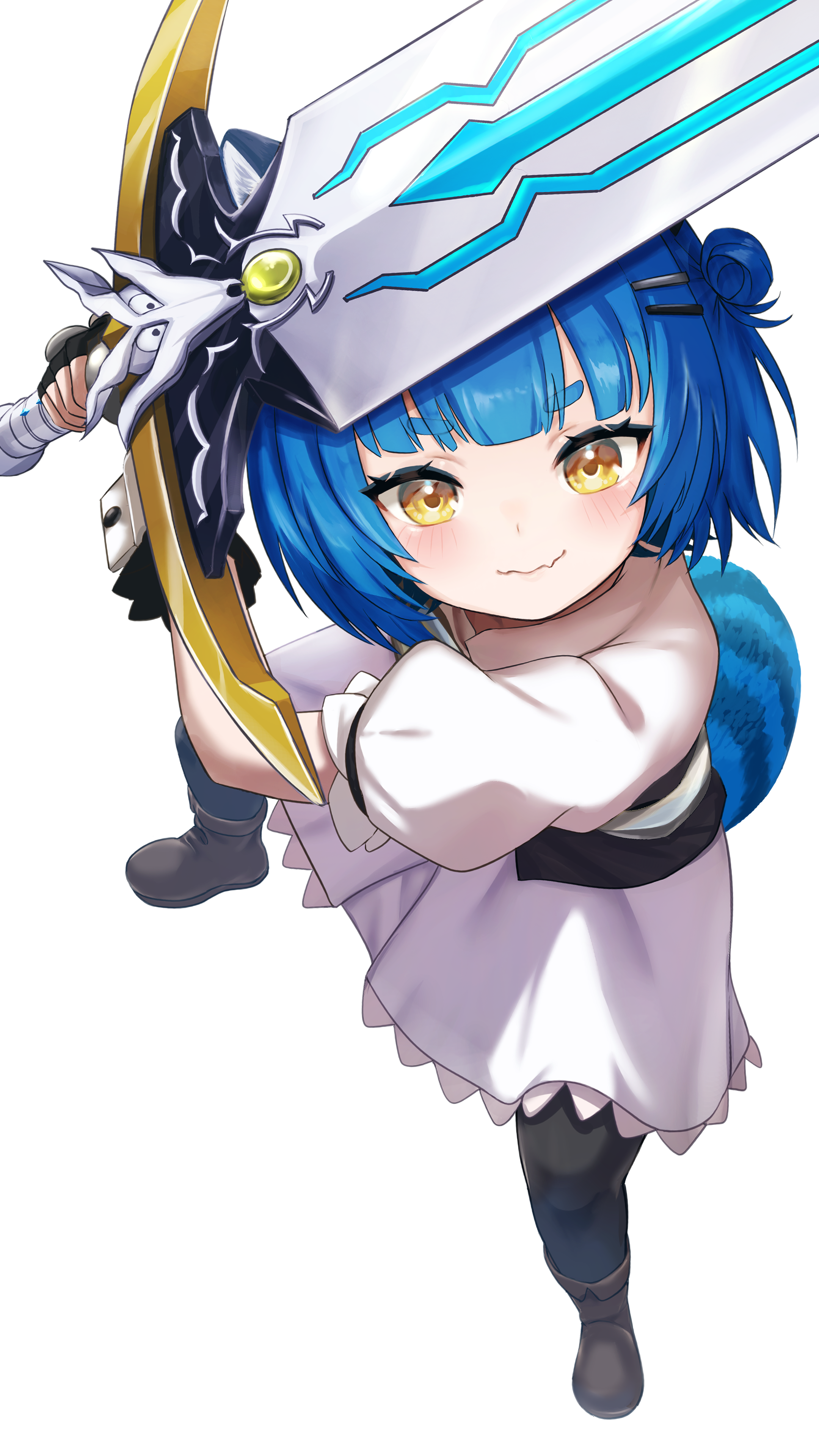 illustsaboko, fran (tensei shitara ken deshita), poko rakun, shishou (tensei shitara ken deshita), chromashift, tensei shitara ken deshita, absurdres, commission, highres, second-party source, 1girl, alternate costume, black gloves, black pantyhose, blue hair, blush, boots, brown boots, closed mouth, cosplay, dress, eyelashes, fang, fingerless gloves, fran (tensei shitara ken deshita) (cosplay), from above, gloves, hair bun, holding, holding sword, holding weapon, huge weapon, long sleeves, pantyhose, raccoon girl, raccoon tail, short hair, single side bun, skin fang, solo, standing, sword, tail, transparent background, virtual youtuber, wavy mouth, weapon, white dress, yellow eyes