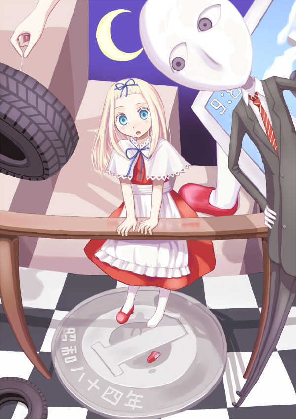yuyuzuki (yume usagi), blonde hair, blue eyes, coin, dress, hair ribbon, long hair, moon, ribbon, surreal, unused tire