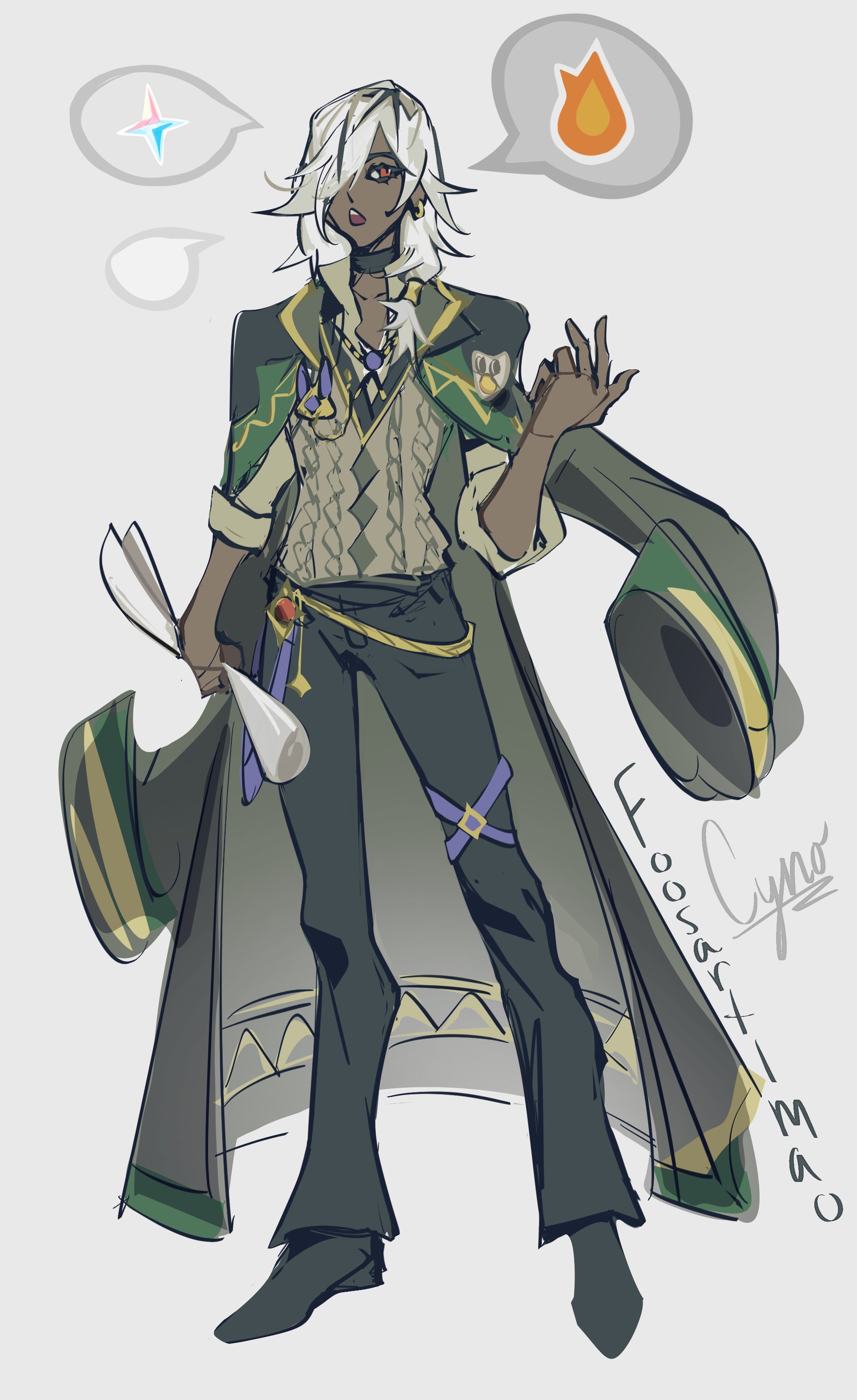 cyno (genshin impact), genshin impact, absurdres, highres, 1boy, cyno (duolingo) (genshin impact), dark-skinned male, dark skin, hair over one eye, hand up, holding, long hair, looking at viewer, male focus, open mouth, red eyes, shirt, simple background, white hair, white shirt