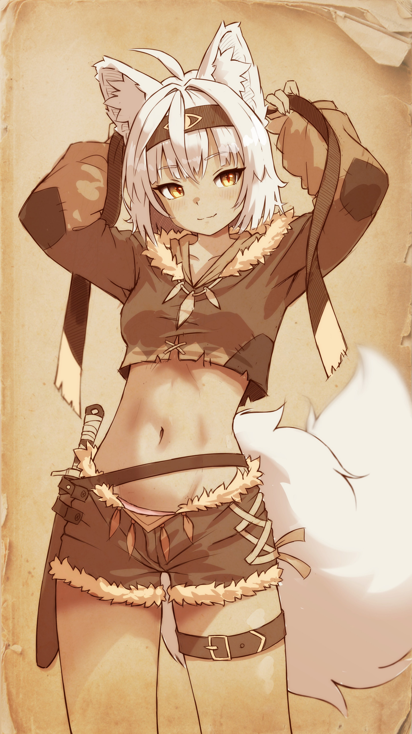 original, absurdres, highres, 1girl, adjusting clothes, adjusting headwear, amayon, animal ears, belt, breasts, brown shirt, brown shorts, criss-cross straps, crop top, fang, fang out, fox ears, fox girl, fox tail, fur-trimmed shorts, fur trim, headband, hood, hood down, hooded shirt, limited palette, long sleeves, looking at viewer, navel, patch, patchwork clothes, sheath, sheathed, shirt, short hair, short shorts, short sword, shorts, skin fang, small breasts, smile, stomach, sword, tail, thigh belt, thigh strap, weapon, white hair, yellow eyes