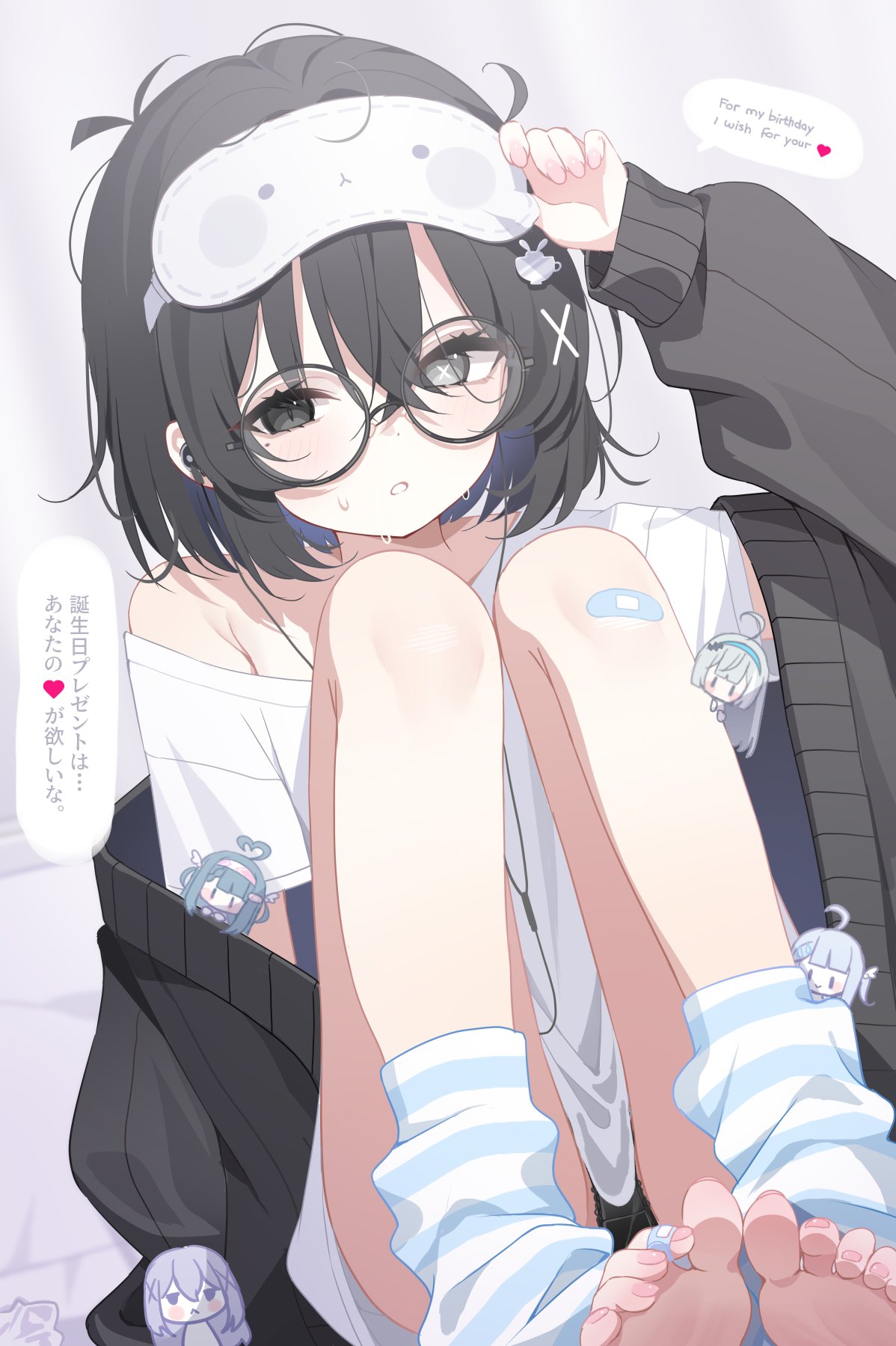 deyui, original, stella sora, highres, bandaid, bandaid on leg, black-framed eyewear, black jacket, black panties, chat log, chibi, earbuds, earphones, eyewear on head, grey background, hair ornament, heterochromia, jacket, legs, loose socks, off shoulder, panties, shirt, short hair, sitting, socks, t-shirt, toes, underwear, x hair ornament