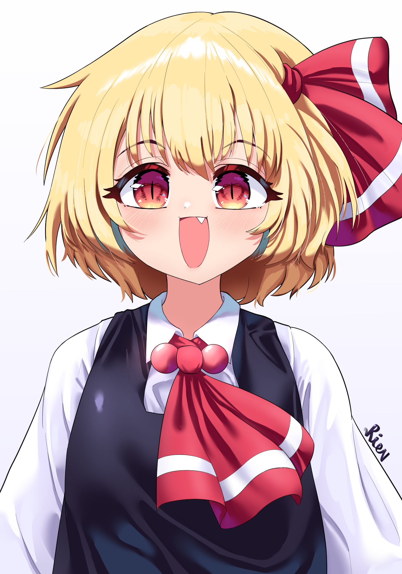 rion (user ufvg8527), rumia, touhou, highres, 1girl, artist name, ascot, black vest, blonde hair, collared shirt, fang, gradient eyes, hair ribbon, long sleeves, looking at viewer, multicolored eyes, open mouth, red ascot, red eyes, red ribbon, ribbon, shirt, short hair, slit pupils, solo, two-tone ascot, two-tone ribbon, upper body, vest, white ascot, white ribbon, white shirt