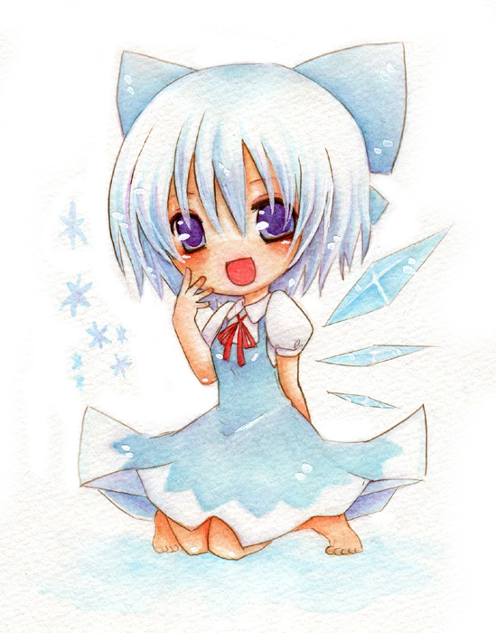 mikoko (mg2), cirno, embodiment of scarlet devil, touhou, bad id, bad pixiv id, 1girl, barefoot, blue eyes, blue hair, blush, chibi, dress, female focus, hair ribbon, ice, matching hair/eyes, ribbon, solo, wings