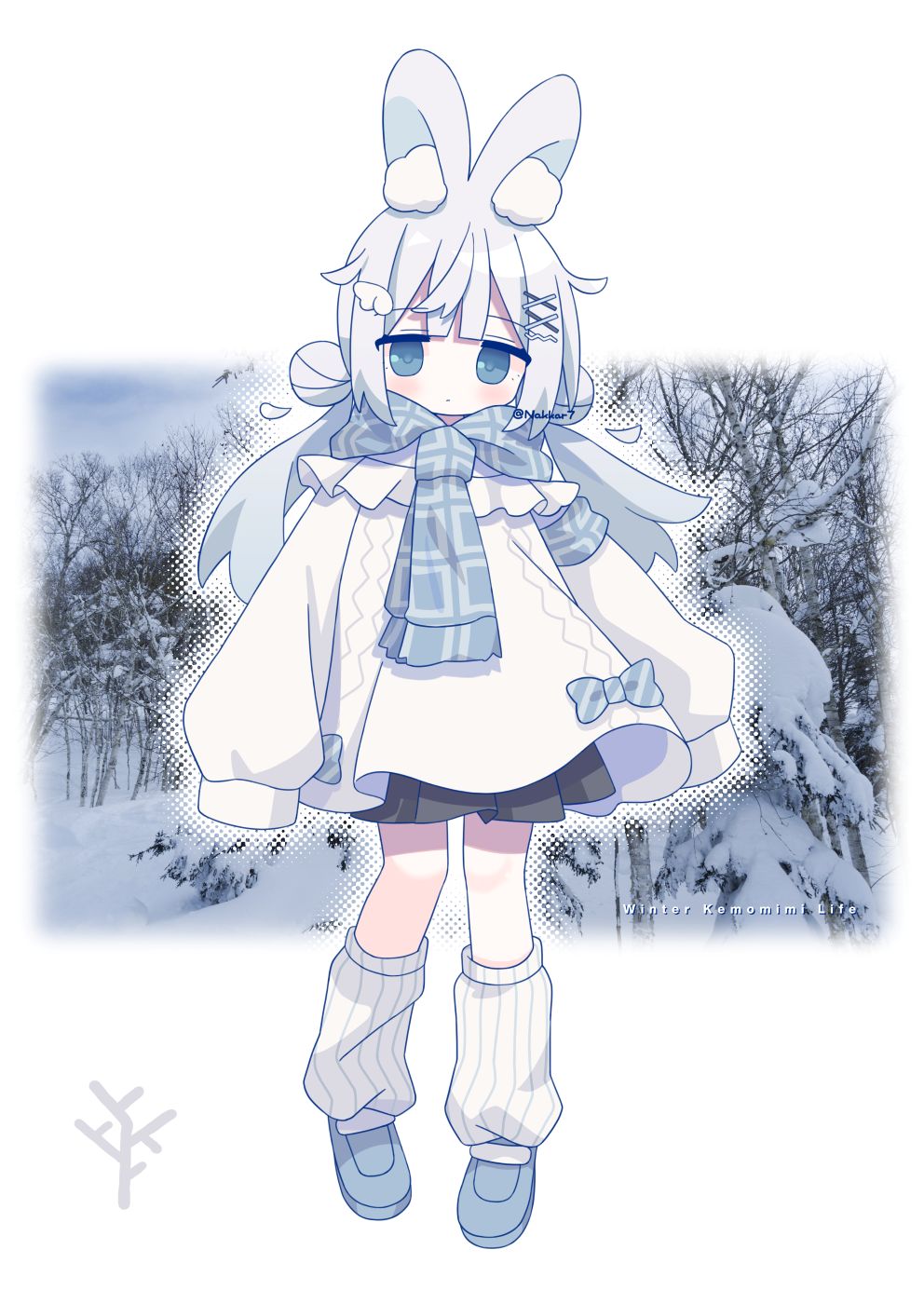nakkar, original, commentary, highres, symbol-only commentary, 1girl, animal ears, black skirt, blue eyes, blue scarf, blue shoes, closed mouth, double bun, full body, hair bun, hair ornament, long hair, long sleeves, looking at viewer, loose socks, miniskirt, photo background, plaid clothes, plaid scarf, pleated skirt, puffy long sleeves, puffy sleeves, rabbit ears, scarf, shirt, shoes, skirt, sleeves past fingers, sleeves past wrists, snow, socks, solo, straight-on, white hair, white shirt, white socks, winter, x hair ornament