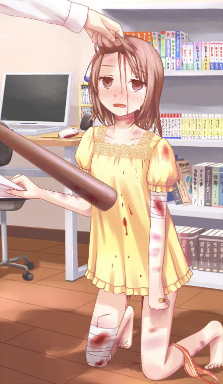 yuyuzuki (yume usagi), non-web source, 1girl, abuse, bandages, bandaid, barefoot, baseball bat, beaten, blood, bookshelf, brown hair, bruise, clothes pull, computer, computer keyboard, defloration, dress, feet, flat chest, grabbing another's hair, guro, holding another's hair, injury, kneeling, looking up, pain, pajamas, panties, panties around leg, rape, shirt pull, solo focus, stain, strangulation mark, striped clothes, striped panties, tears, underwear, violence, weapon