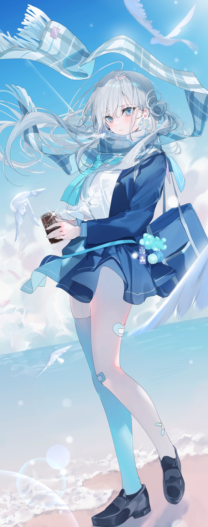 miwano rag, original, highres, 1girl, bag, bandaid, bandaid on leg, beach, black shoes, blue eyes, blue jacket, blue skirt, blue thighhighs, can, closed mouth, cloud, cloudy sky, floating hair, grey hair, holding, holding can, jacket, loafers, long hair, looking at viewer, open clothes, open jacket, scarf, school bag, school uniform, shirt, shoes, single thighhigh, skirt, sky, solo, thighhighs, very long hair, white shirt
