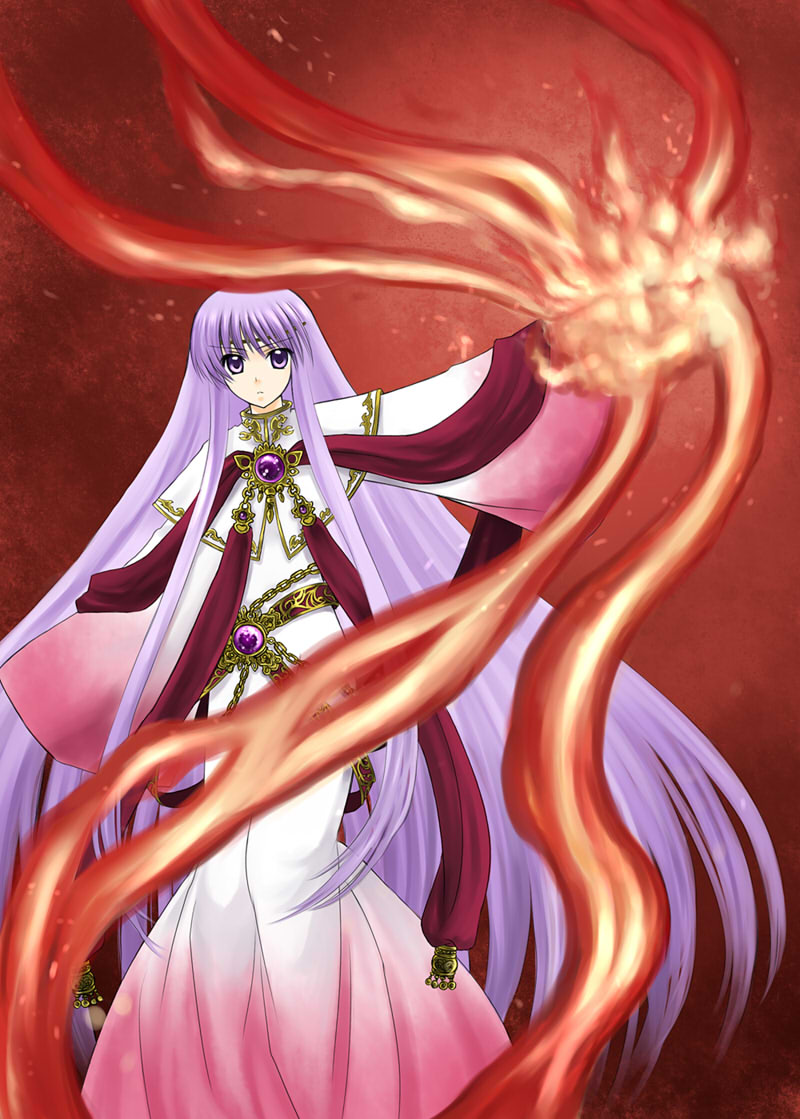 bo (774berry), xvxxv, julia (fire emblem), fire emblem, fire emblem: genealogy of the holy war, nintendo, dress, fire, long hair, magic, purple eyes, purple hair, solo, very long hair