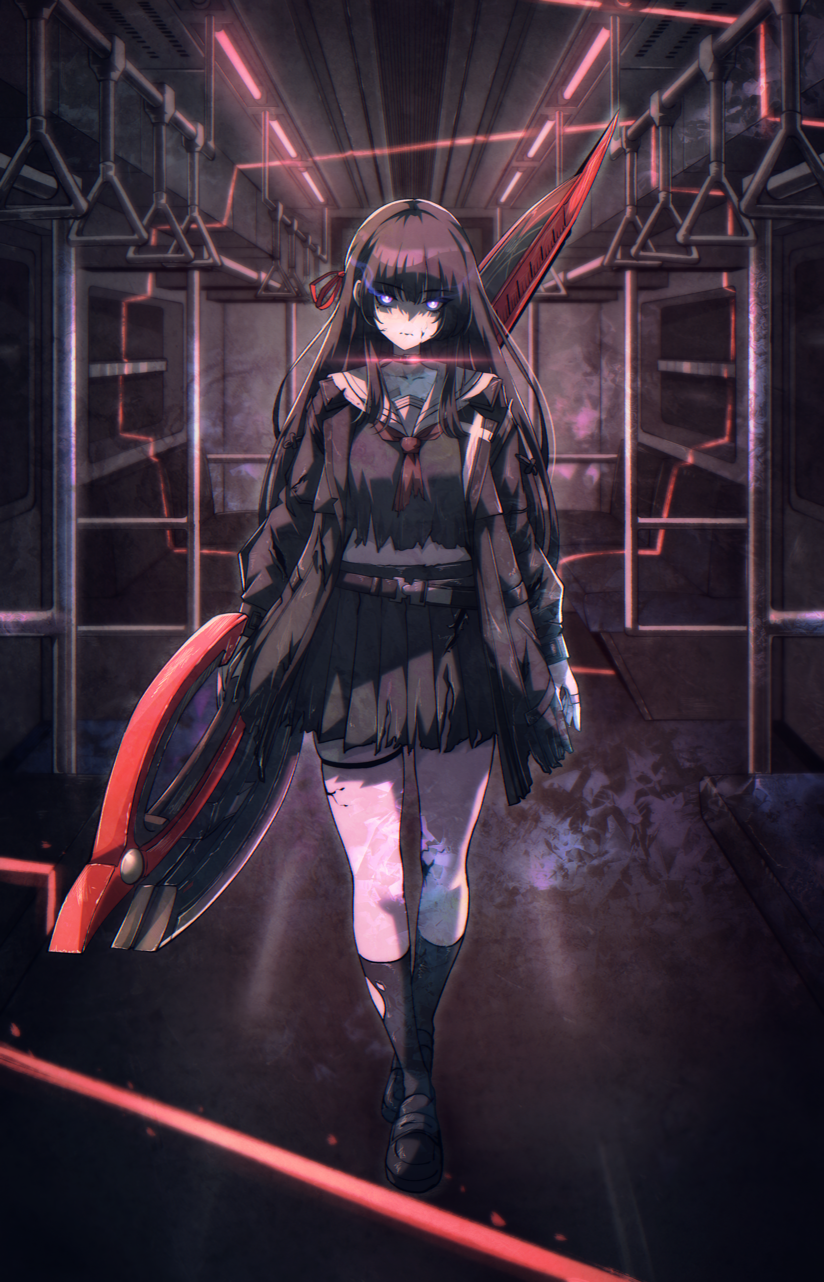 cs (connectedskyy), chisa (wuthering waves), wuthering waves, absurdres, commentary, highres, 1girl, black hair, black jacket, black serafuku, black shirt, black shoes, black skirt, black socks, blue eyes, breasts, closed mouth, hair ribbon, holding, holding sword, holding weapon, jacket, long hair, long sleeves, looking at viewer, medium breasts, mole, mole under eye, neckerchief, red neckerchief, red ribbon, ribbon, sailor collar, school uniform, serafuku, shaded face, shirt, shoes, skirt, socks, solo, standing, sword, thigh strap, torn clothes, torn socks, train interior, weapon, white sailor collar